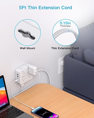Surge Protector Power Strip, Extension Cord with Multiple 5Ft Thin Plug