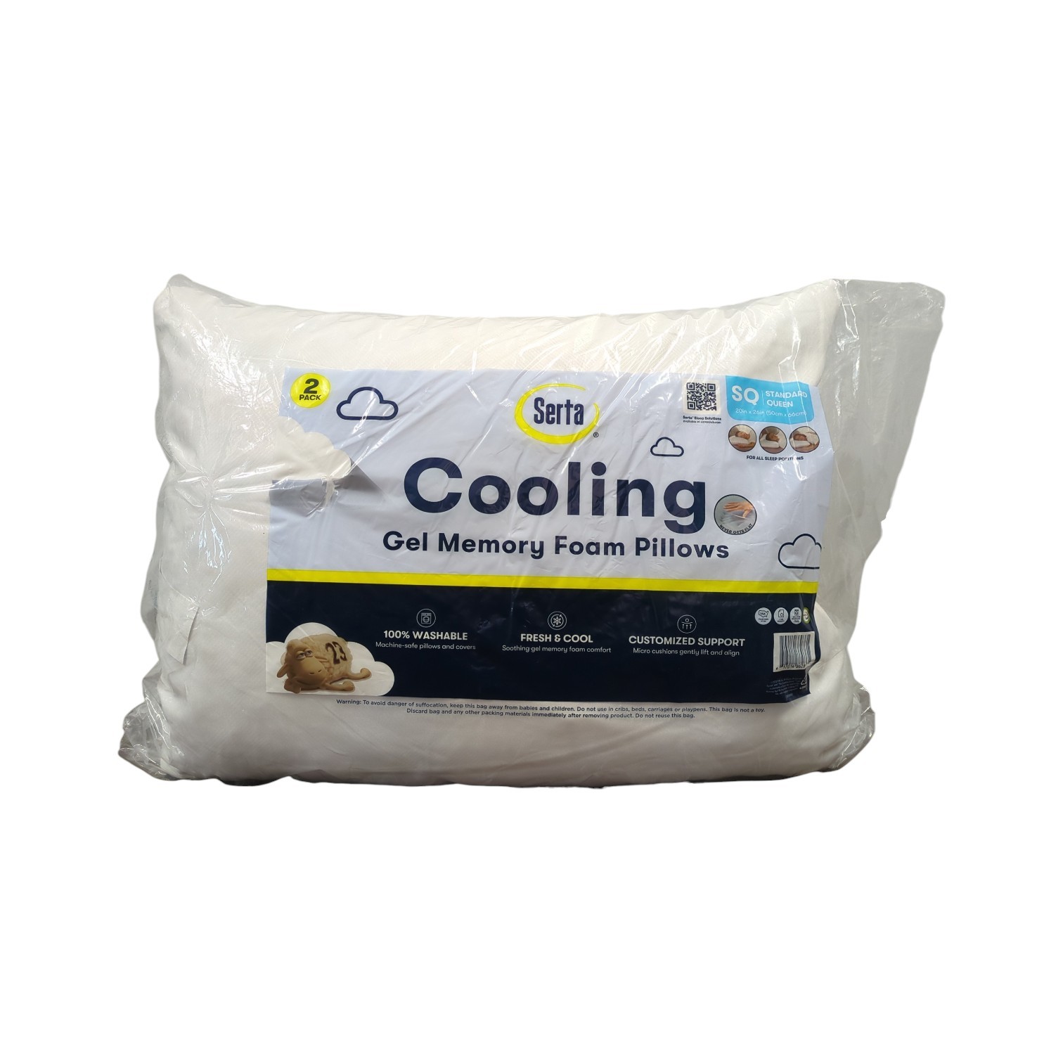 2 Pack Serta Gel Memory Foam Cluster Pillows, White, Standard