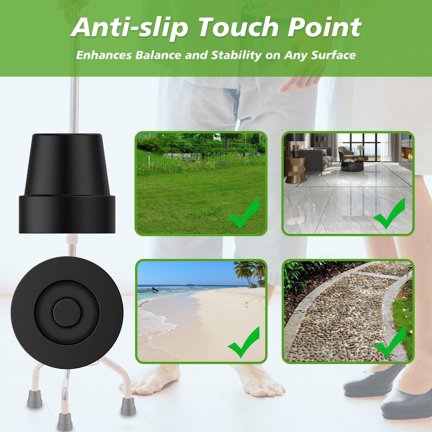 Quad Cane Tip (8 Pack), Non-Slip Durable Rubber Cane Tip 5/8 Inch Replacement Ru