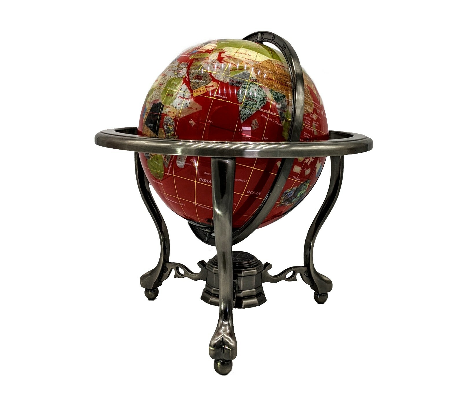 Customized Edition! 14" Red Ocean Gemstone globe w/ Tripod Silver Zinc Alloy Std