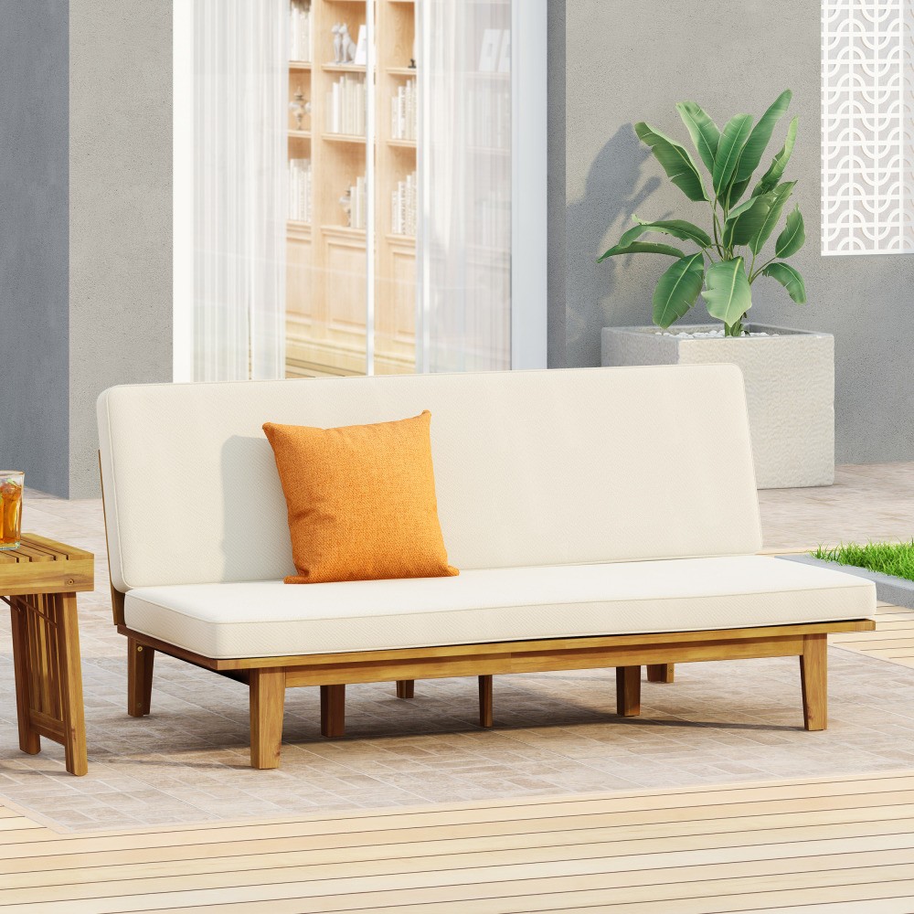 Acacia Wood Daybed w/ Waterproof Cushion, Converts to Bed, Beige