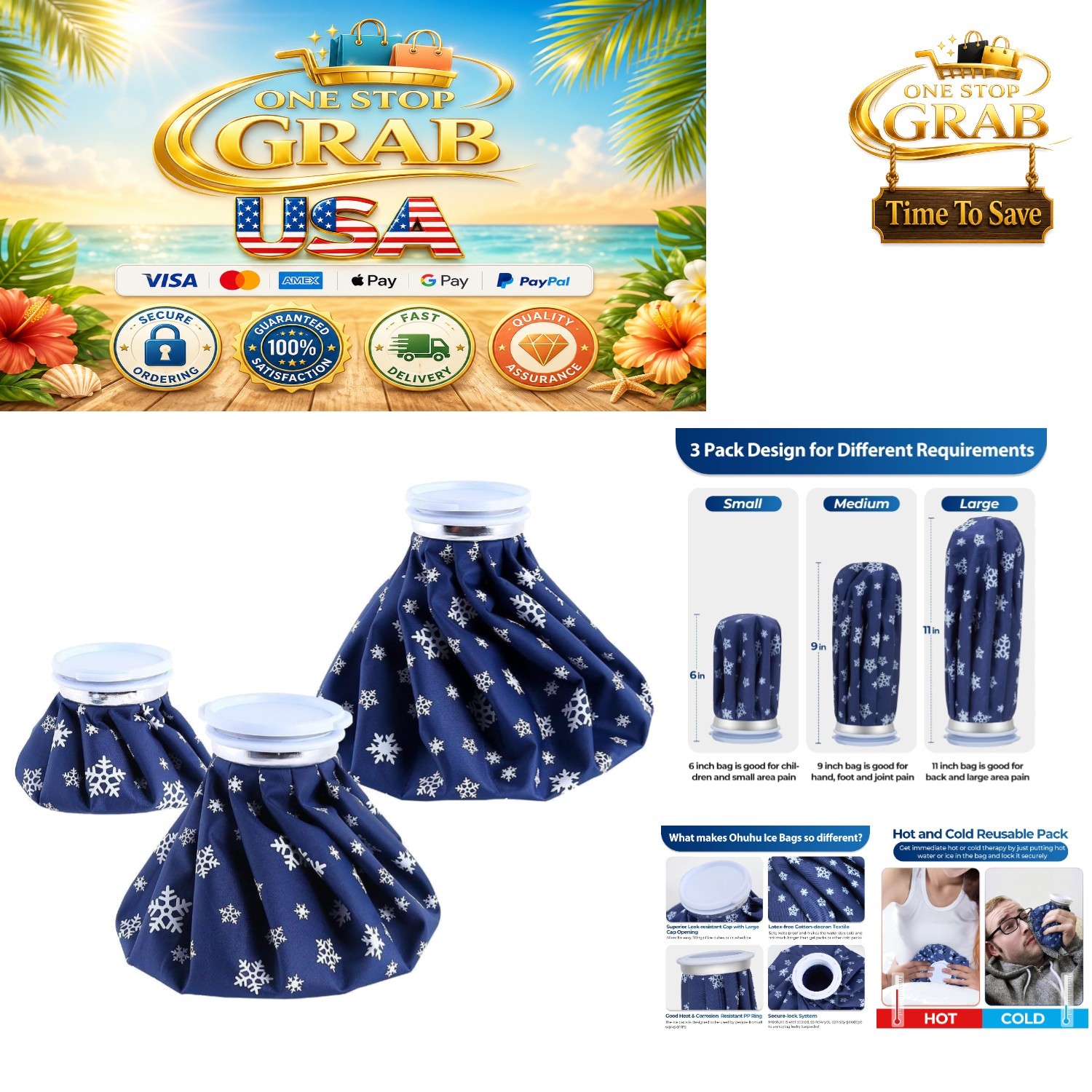 Dark Blue Reusable Ice Bags 3 Sizes for Hot & Cold Therapy Pain Relief