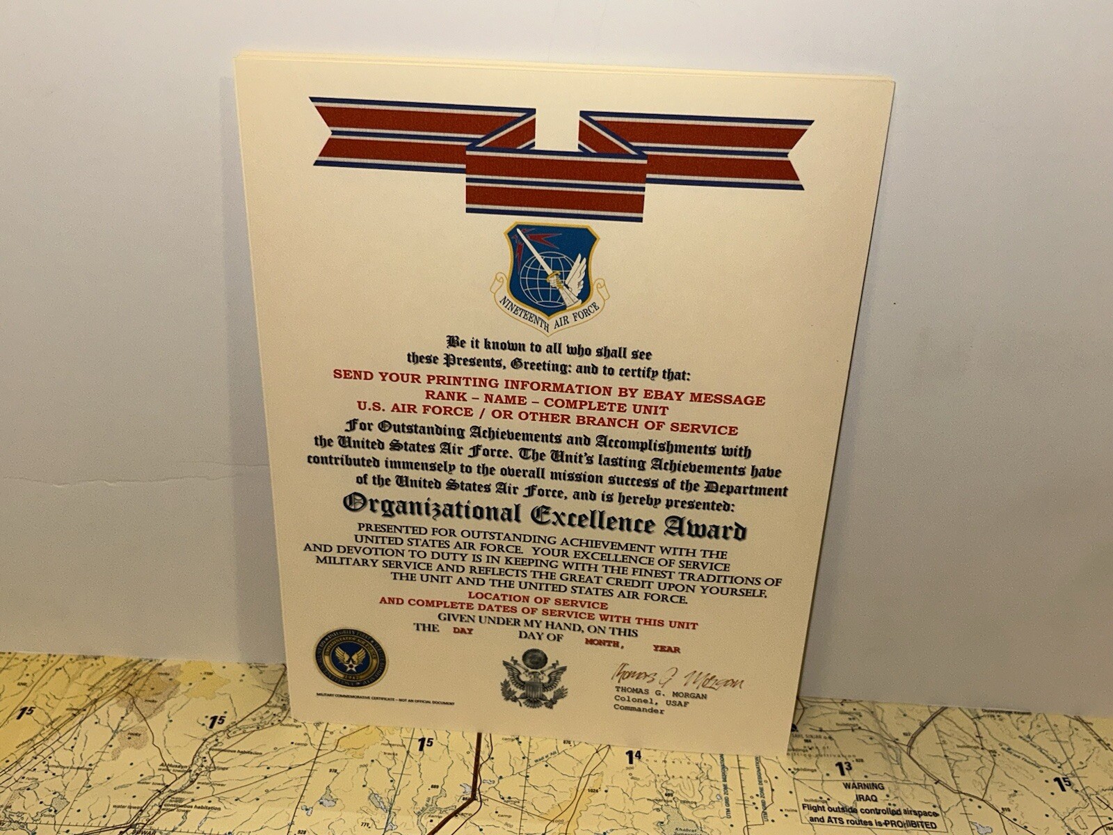 U.S. AIR FORCE / 19TH AIR FORCE - ORGANIZATIONAL EXCELLENCE AWARD CERTIFICATE