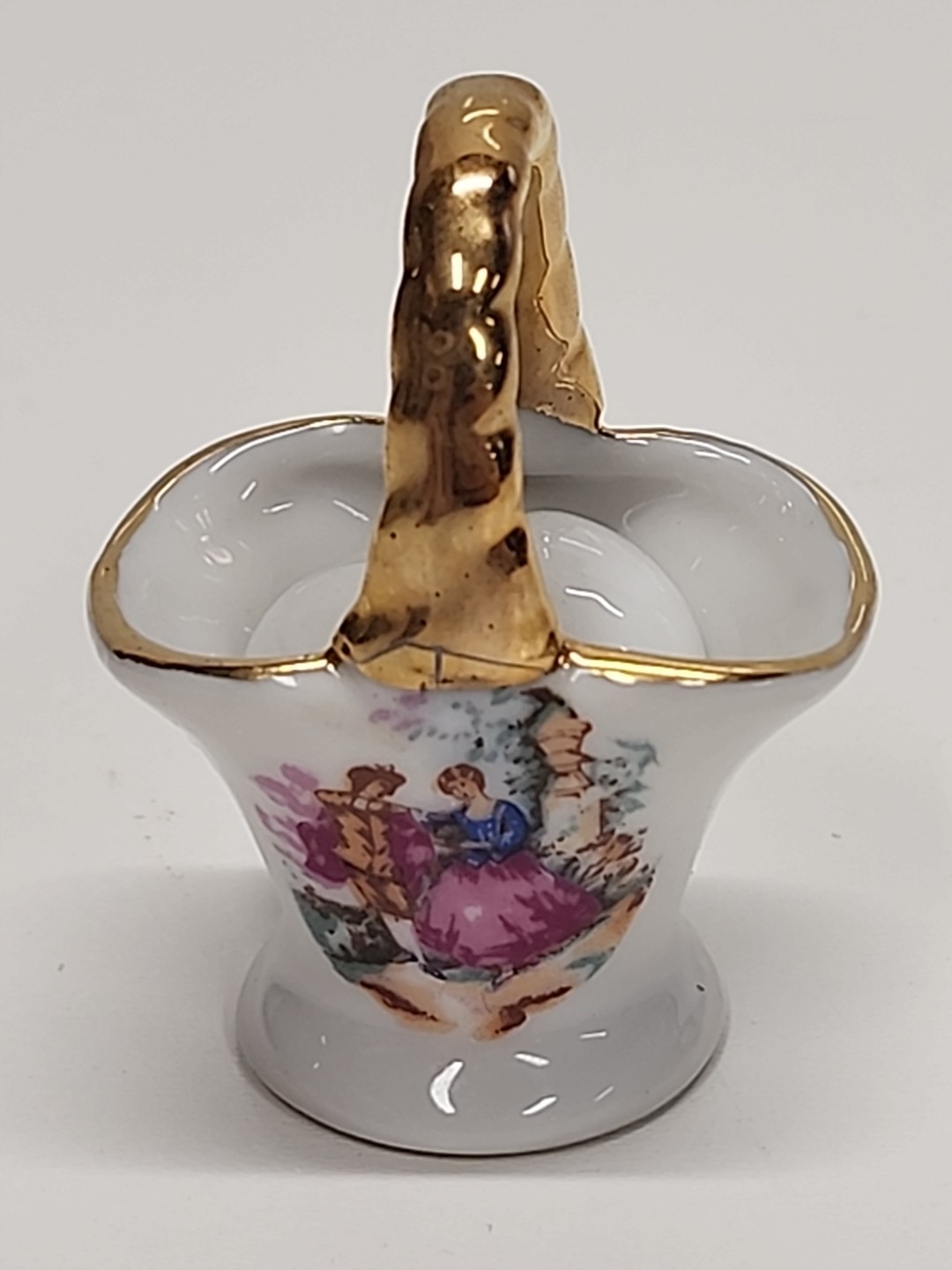 Miniature Porcelain Basket & 3 Eggs Gold Gilding Courting Couple Displayed 2.25"