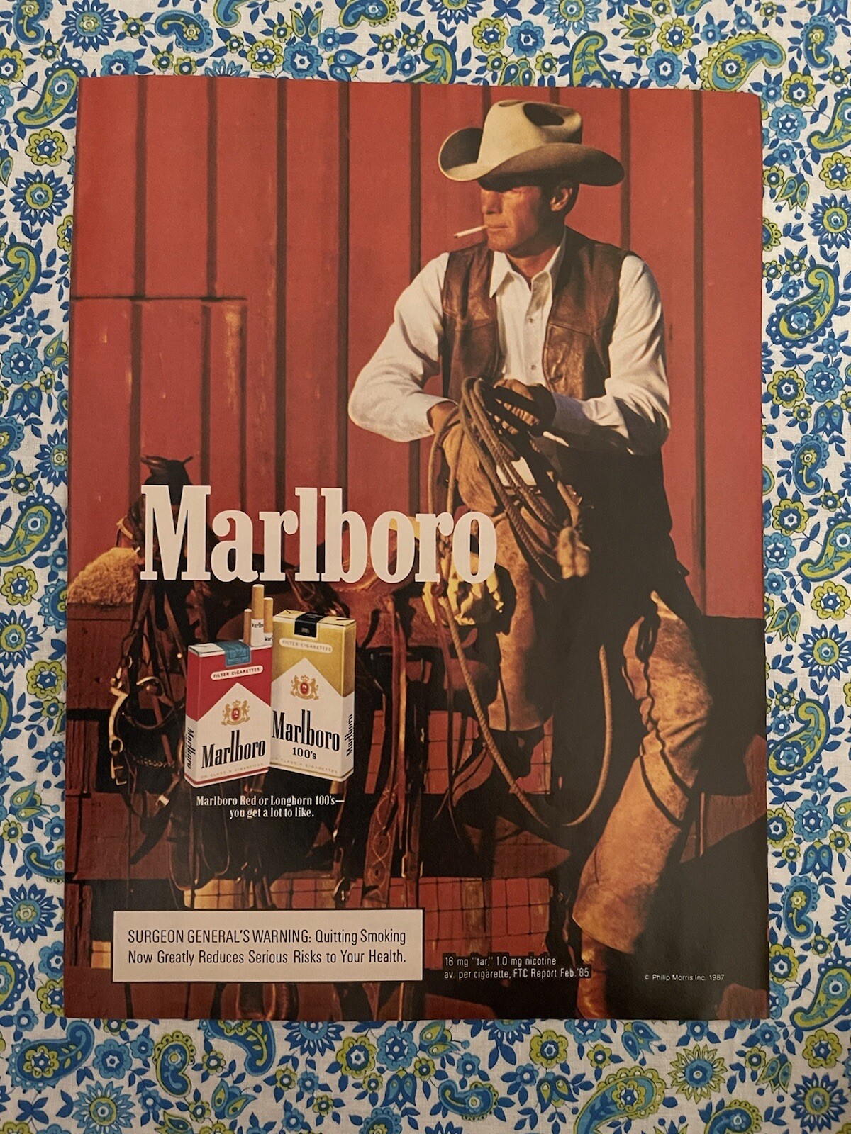 Marlboro Cigarettes 1987 Print Ad Cowboy Chaps Hat Rancher Marlboro Man