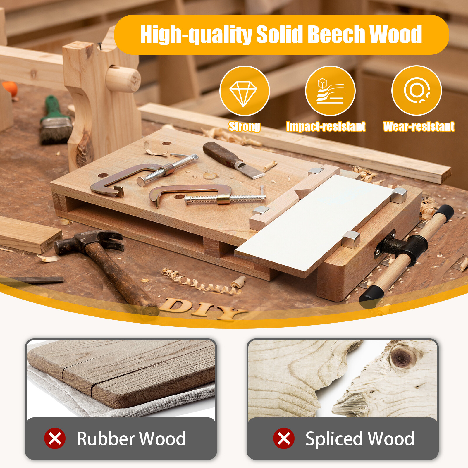Mobile Workbench, Solid Beech Wood Workbench with 7.87-inch Clamping Range,