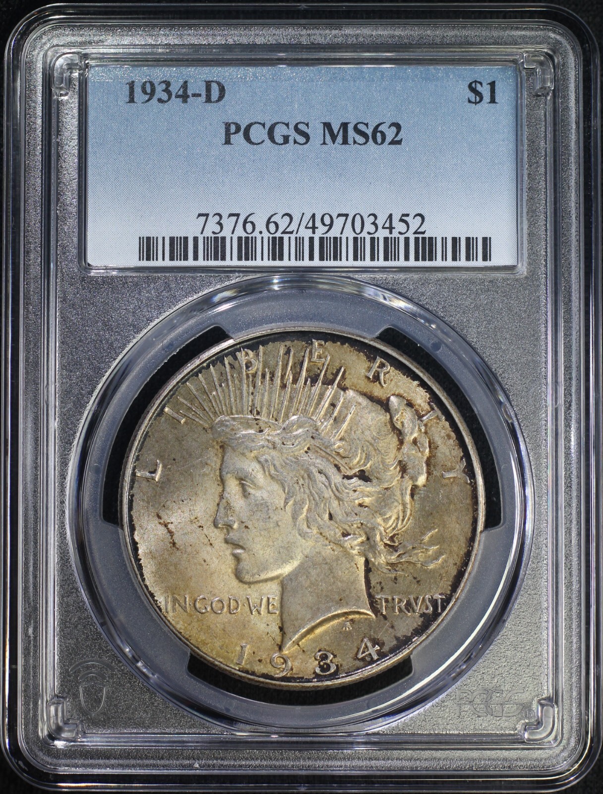 1934 D Peace Silver Dollar PCGS MS62 Well Struck Coin Nicely Toned Patina