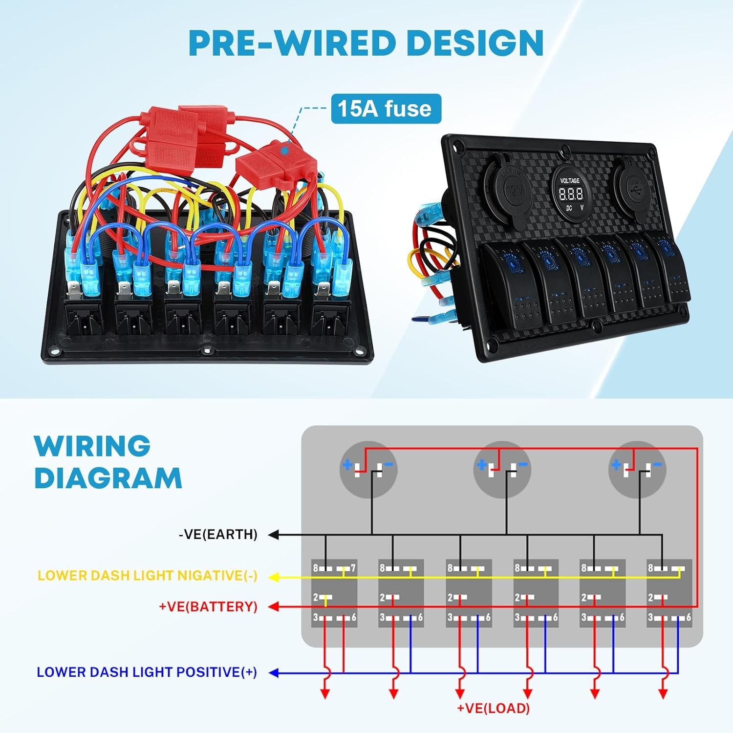 Panel de interruptores 6 vías 12V impermeable con USB y voltímetro