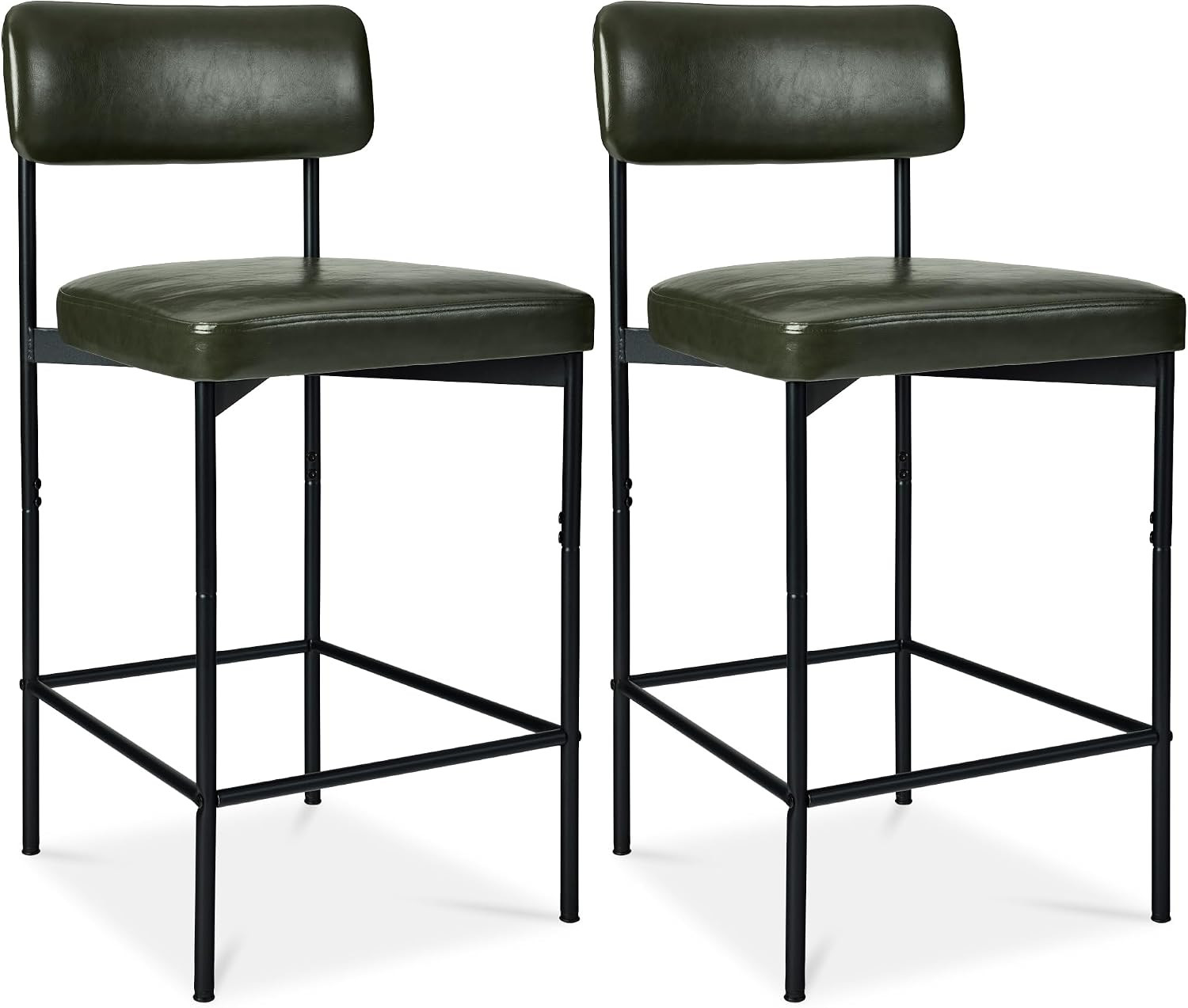 Moss Green Armless Counter Height Bar Stools - Set of 2, Modern PU Leather