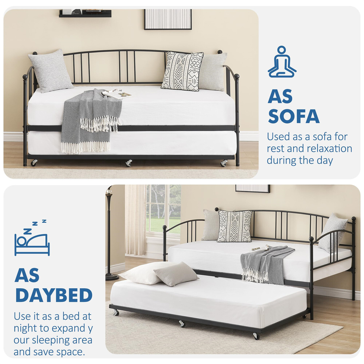 ⏯Metal Daybed with Trundle Daybed Frame with Headboard and 6 Casters Guest Sofa