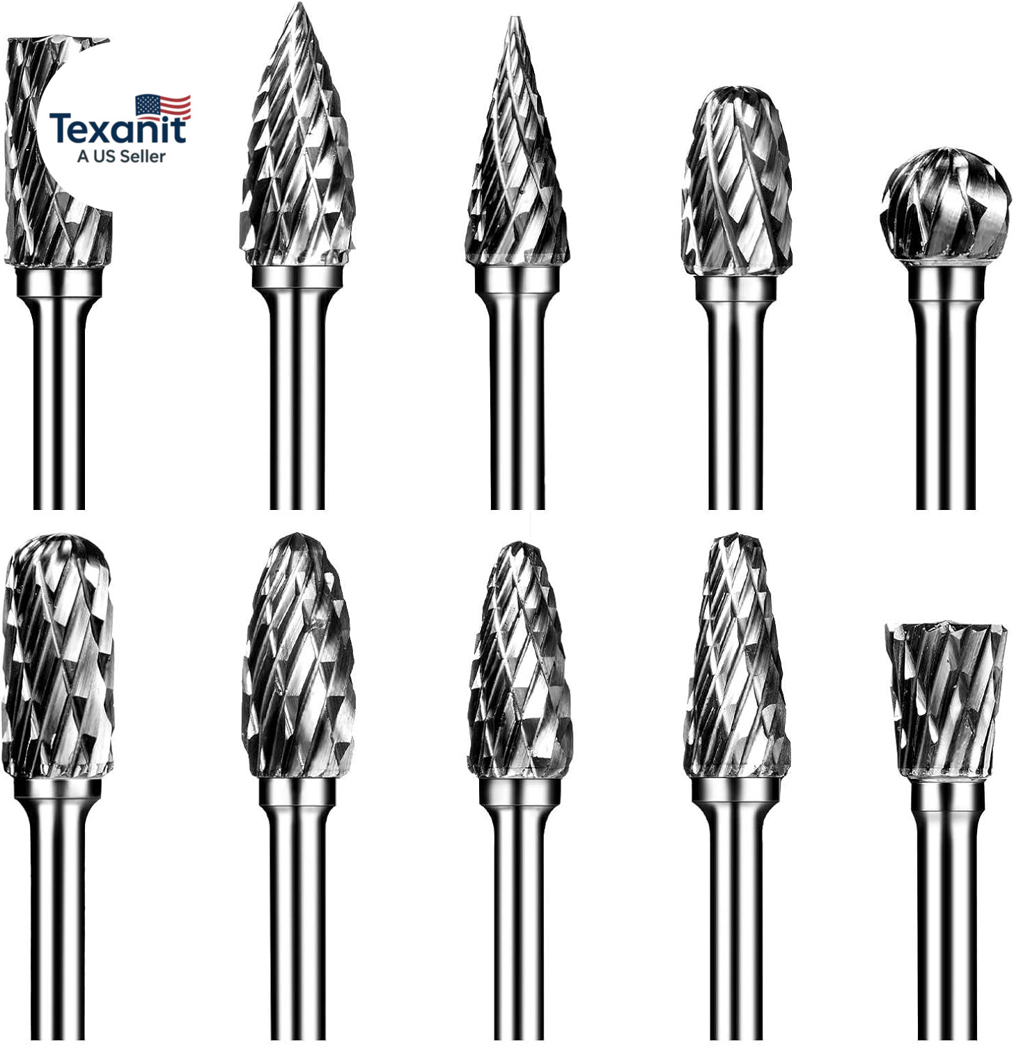 Carbide Burr Set, Die Grinder Bits, 10 PCS 1/8" Shank Double Cut Tungsten Carbid