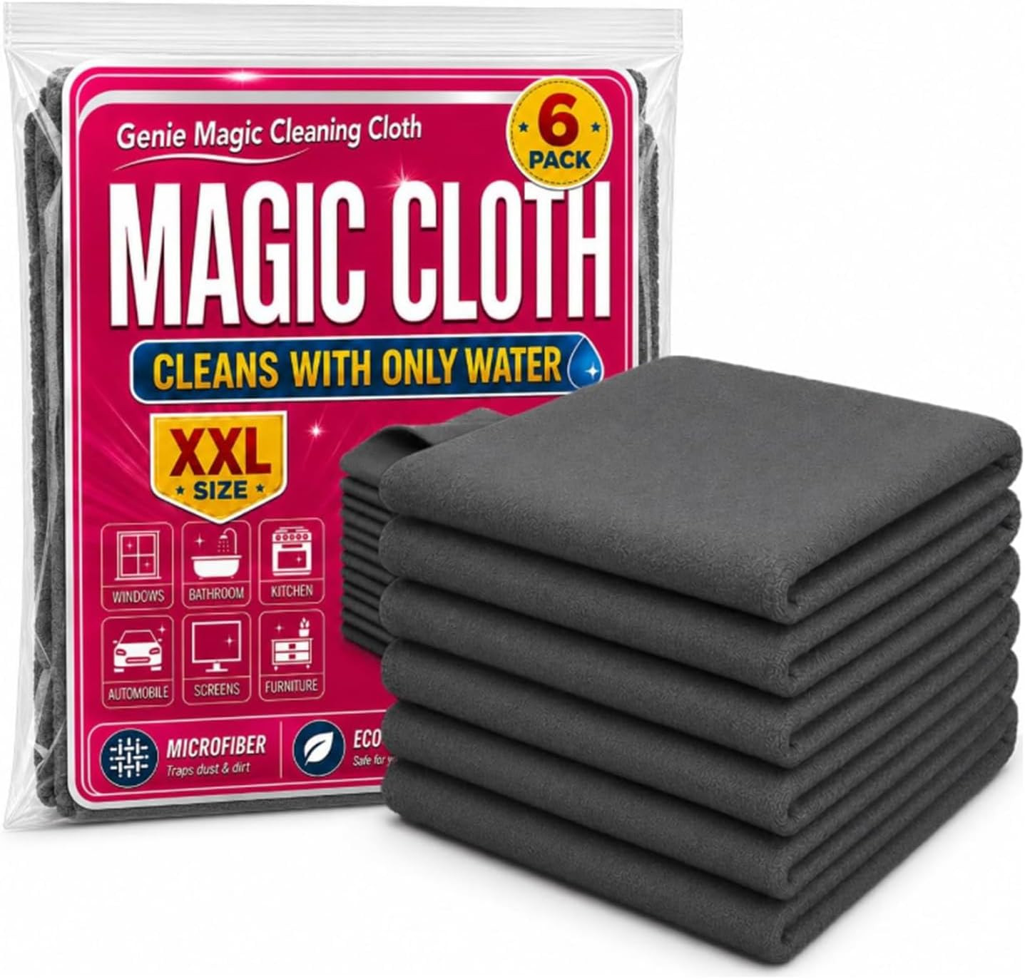 Genie Magic Cleaning Cloth, 6 Pack Microfiber Cleaning Cloths, Streak-Free & Lin