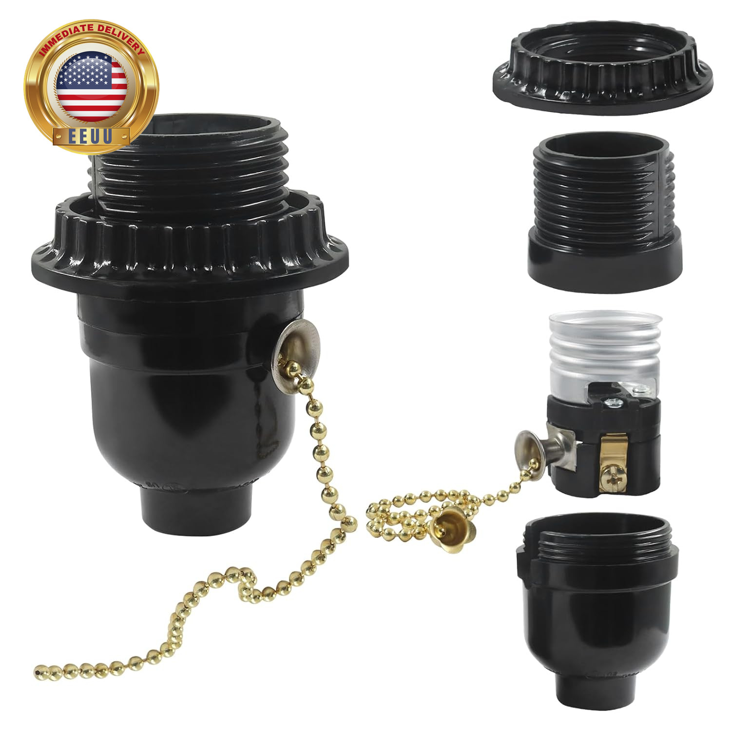 1 Pack E26 Threaded Lamp Socket Replacement with Pull Chain - Robust Aluminum Ba