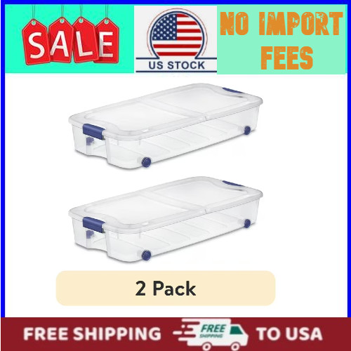 (2 pack) Sterilite 66 Quart Latching Underbed Wheeled Storage Bin