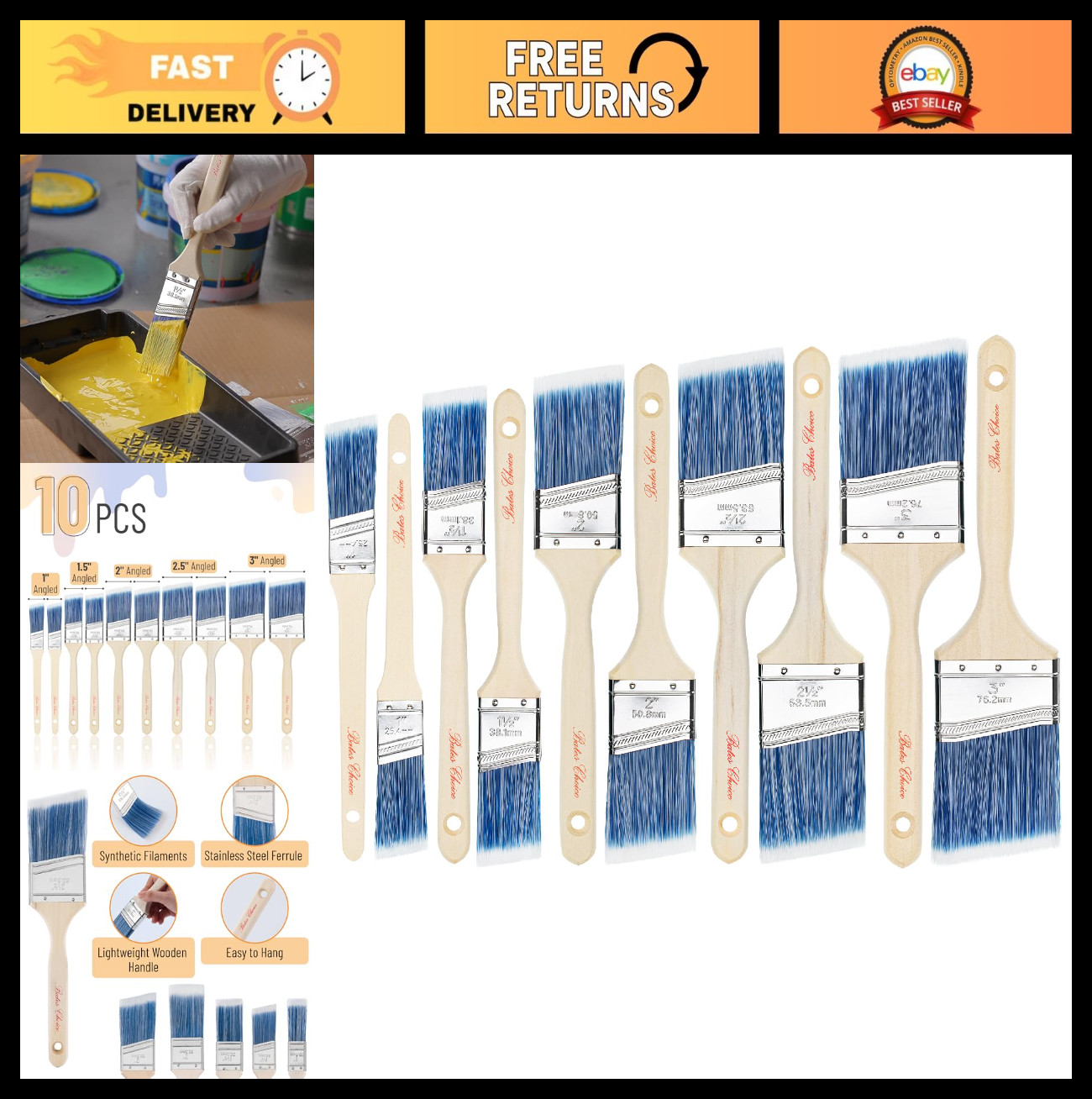 10 Pack Angle Paint Brushes Set - 1" to 3" Sizes, Treated Wood Handle for Walls