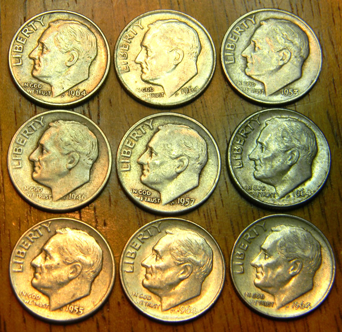 MIXED Lot of NINE (9)  CIRCULATED Roosevelt 90% Silver Dimes STACKERS !