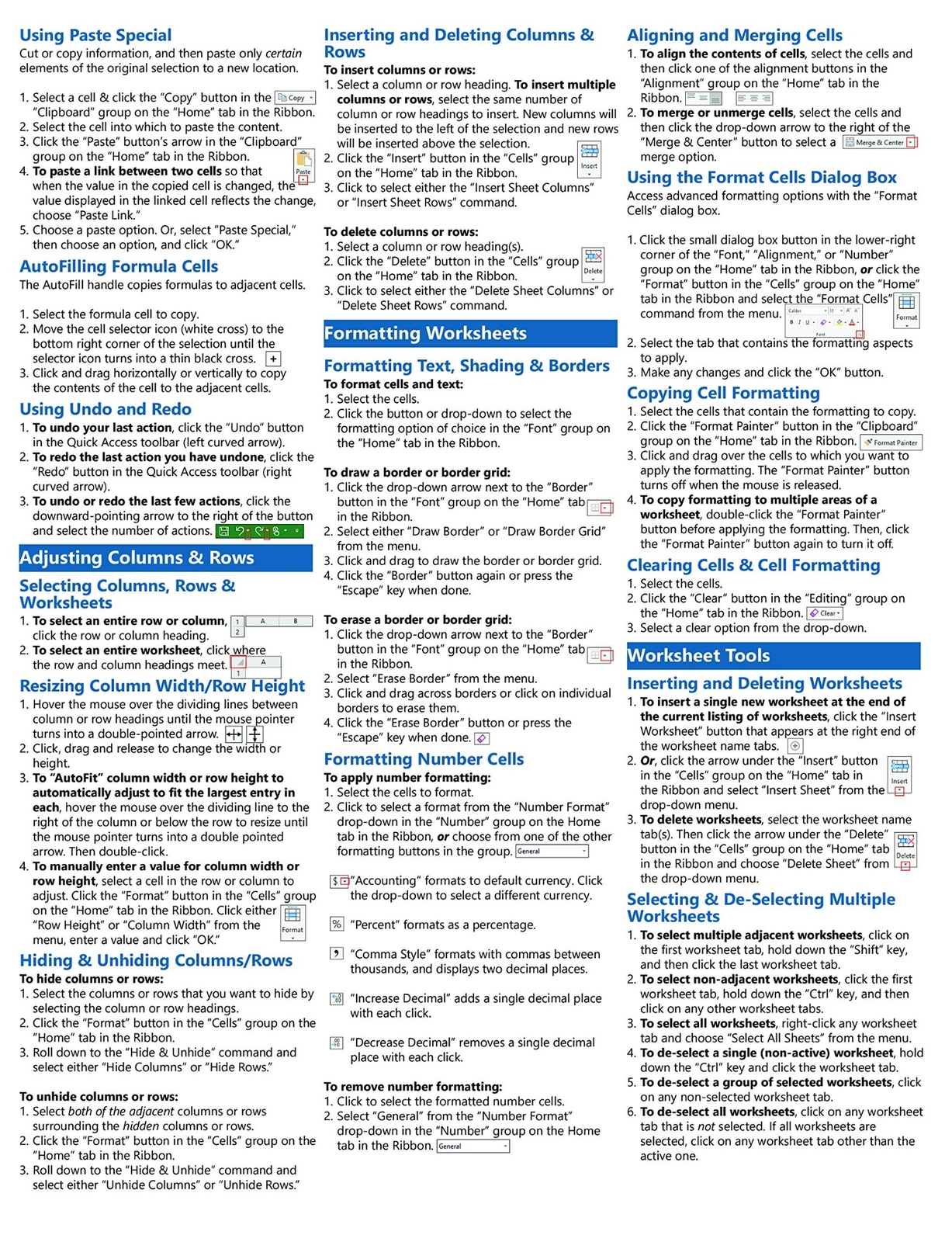 Excel 2019 Training Guide Quick Reference Card 4 Page Cheat Sheet Instructions