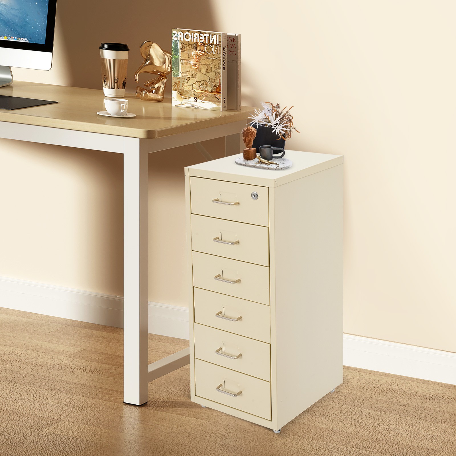 6 Drawer Beige Vertical Metal File Cabinet with Lock and Rolling Wheels for Home