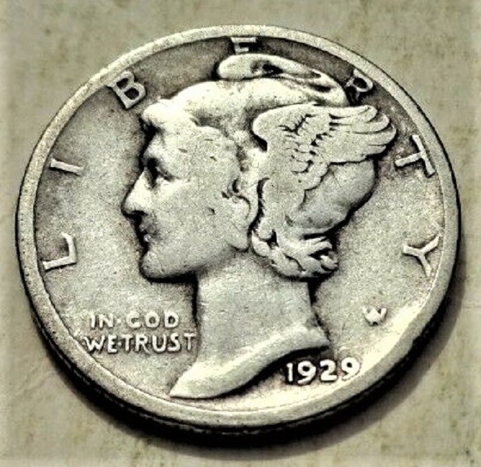 1929 P  Mercury Dime circulated 90% Silver  F Fine