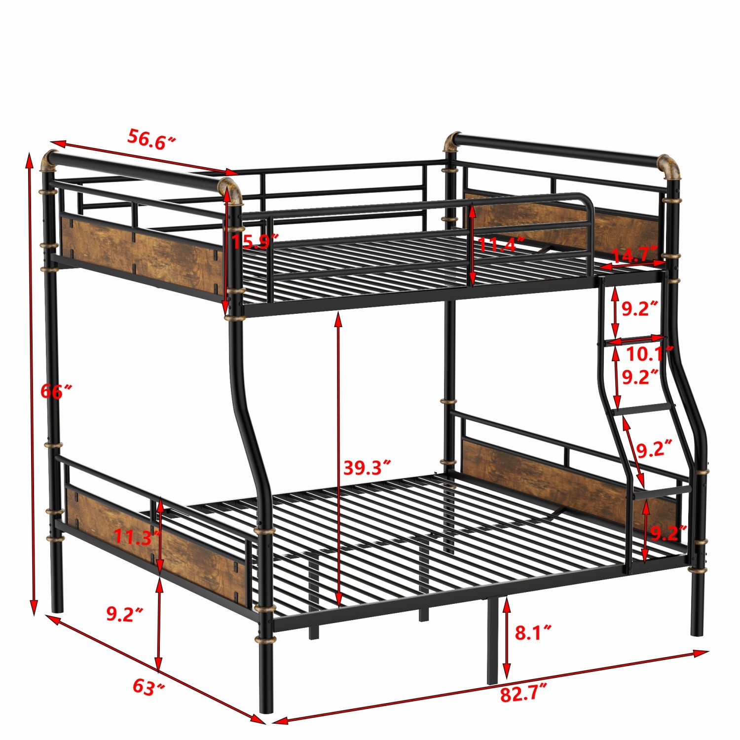 Full XL Over Queen Metal Bunk Bed Frame Convertible Into Two Single Bed Black