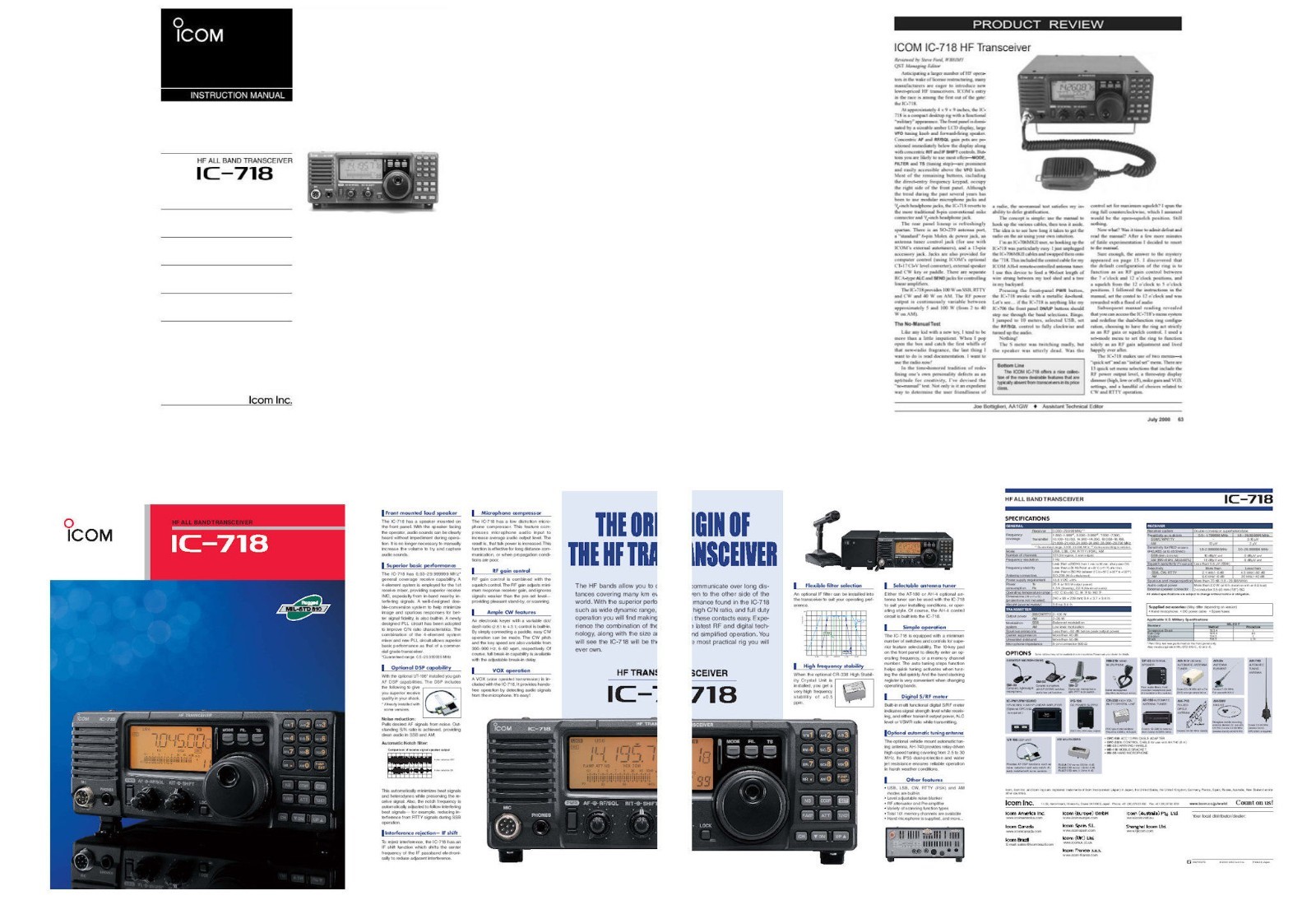 ICOM IC-718 INSTRUCTION MANUAL + COLOR BROCHURE + REVIEW - 32LB PAPER