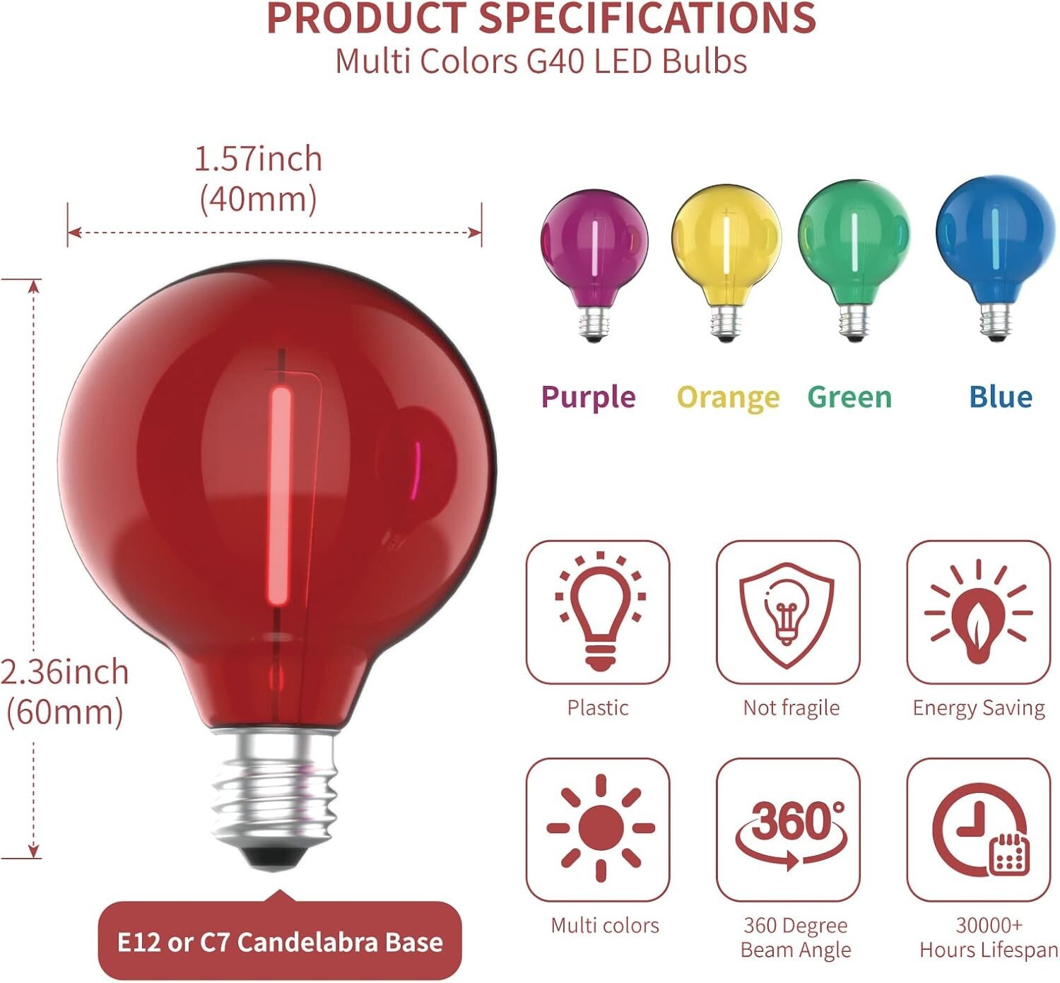 G40 Colored Led Replacement Bulbs for Outdoor String Lights, 1W Multi Color E...