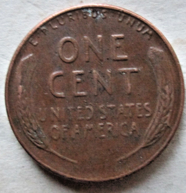 1956 WHEAT CENT, REVERSE RIM TO STALK DIE CRACK ERROR, XF, BROWN, CIRCULATED