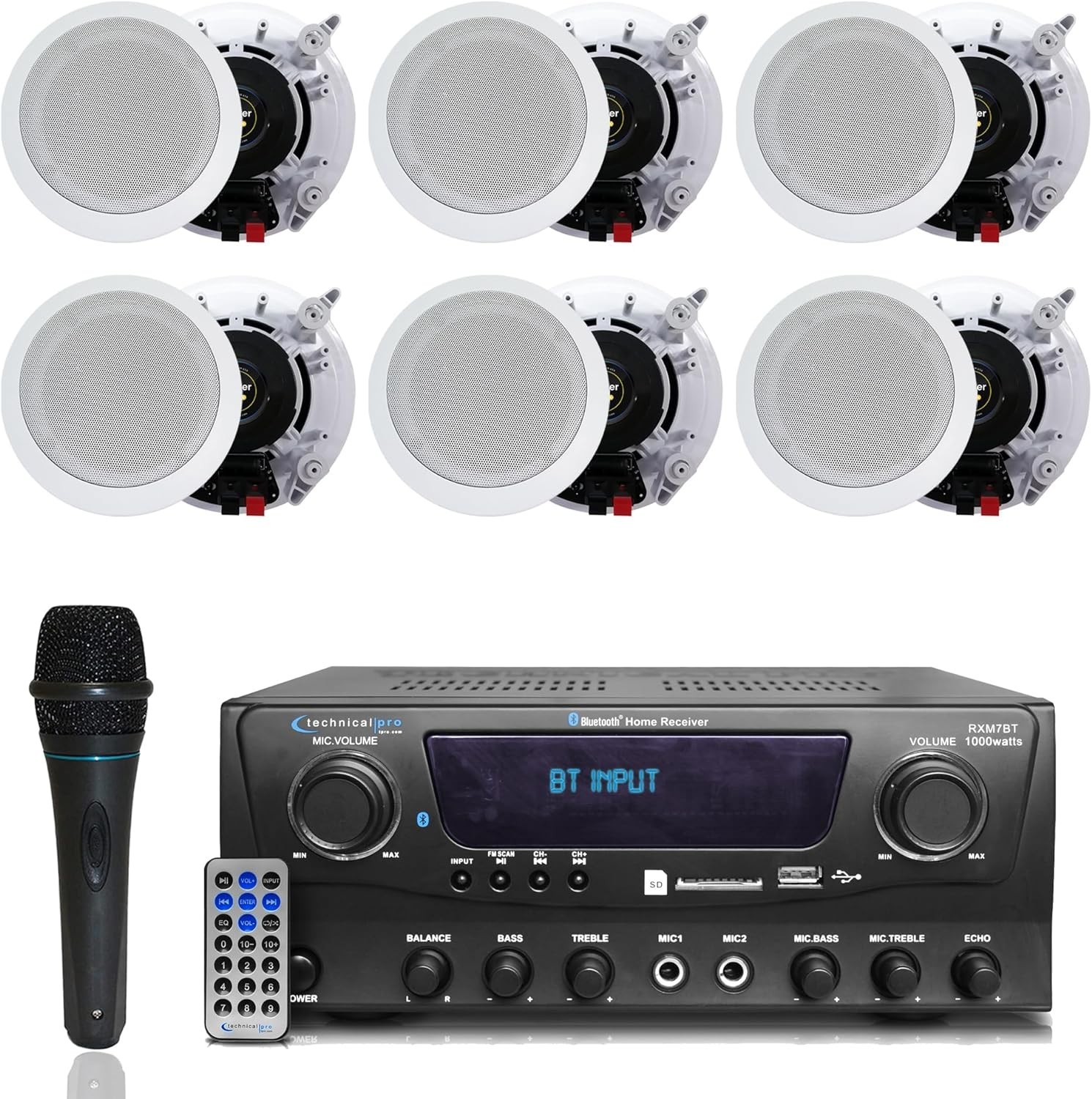 Home Theater System Bluetooth Receiver w/6 qty x 5.25″Ceiling Speaker Mic Remote