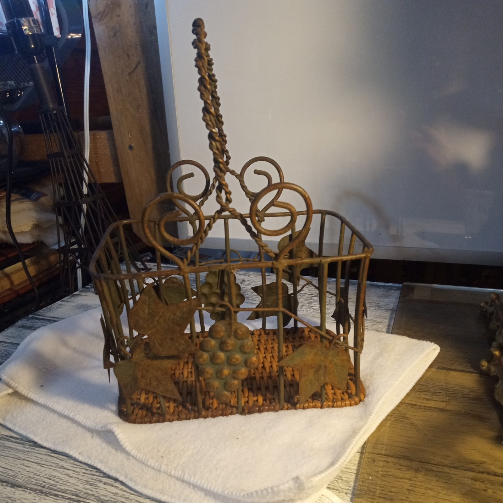 Vintage Metal Basket with Grape Leaf & Cluster Design, Twisted Handle