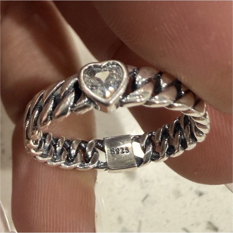 925 Sterling Silver Heart Bezel Band Ring White Diamond Signed
