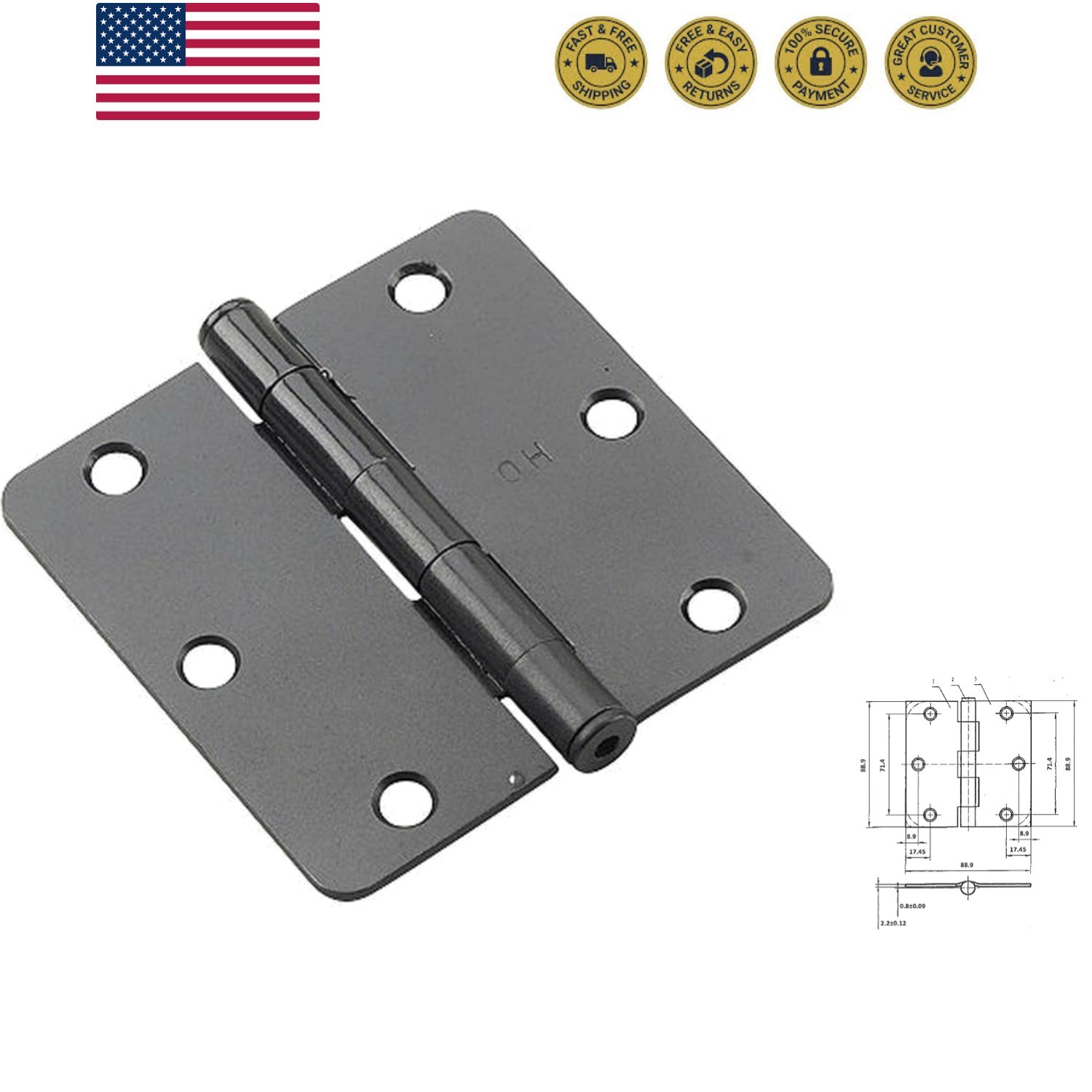 2821FBB Onward 2-Pack 3 1/2-inch 89 mm Full Mortise Butt Hinge for Interior D...