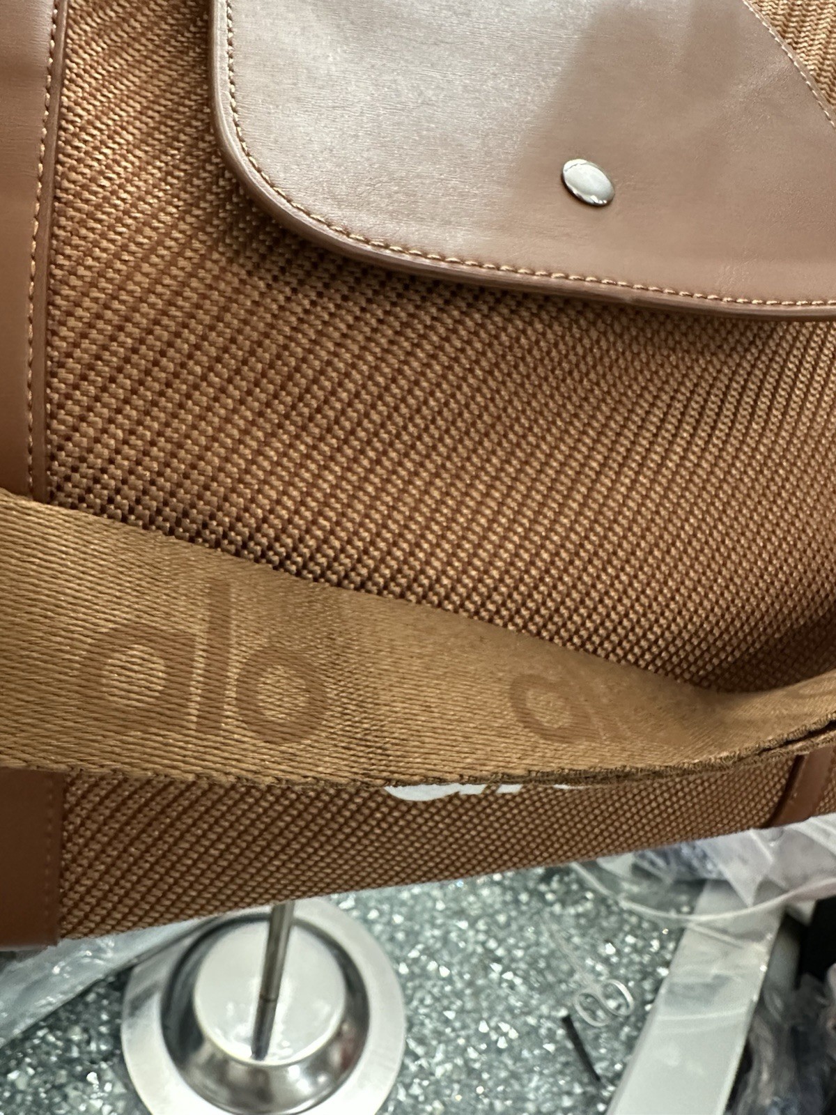 alo Brown Grip tote bag zip Button Closure Adjustable Strap Logo