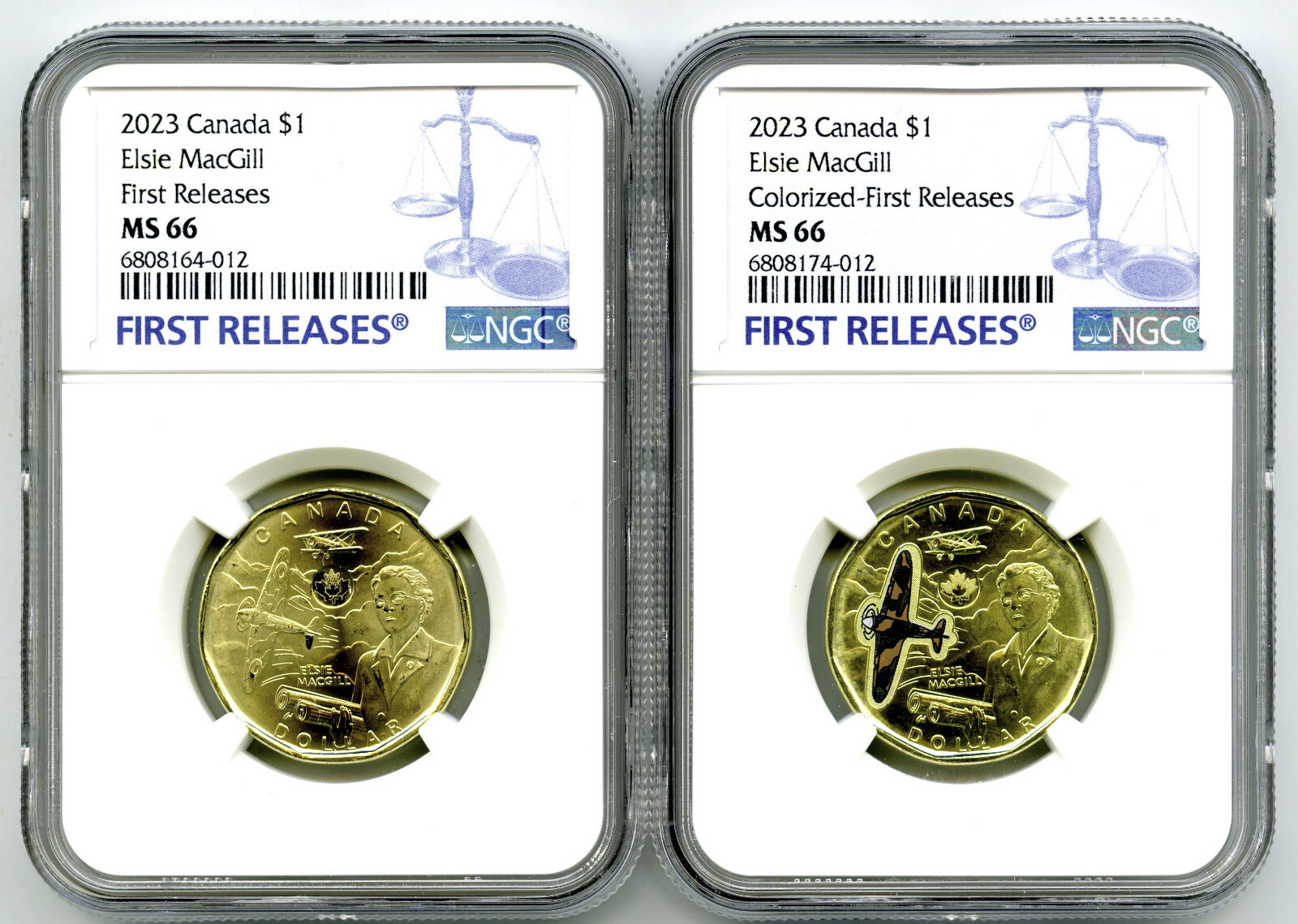 2023 $1 CANADA NGC MS66 LOONIE ELSIE MACGILL DOLLAR MATCHED 2-COIN SET FR POP 12