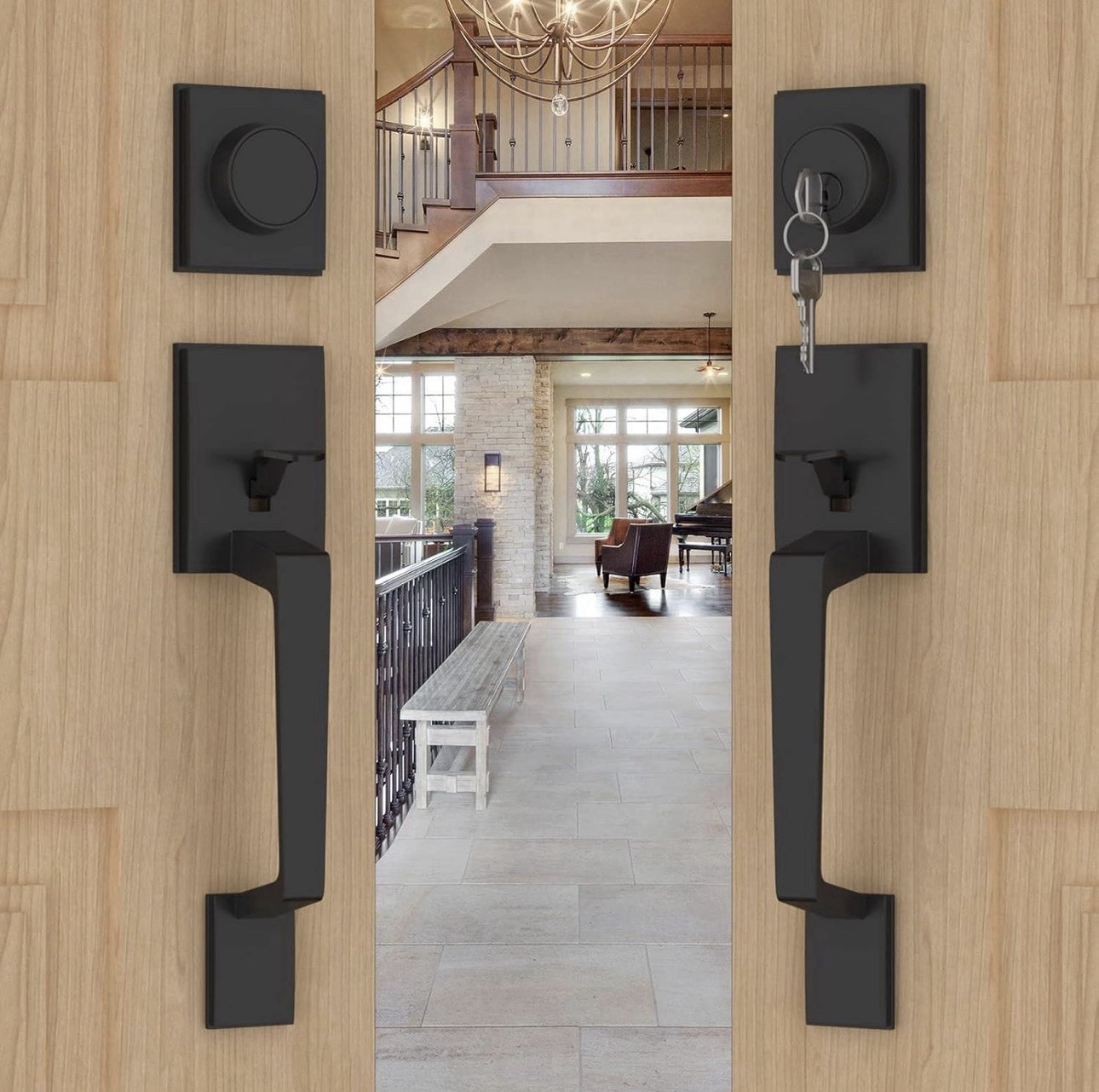Goldenwarm Matte Black Entry Handleset w/ Deadbolt Reversible Keys MS20017BK15-1
