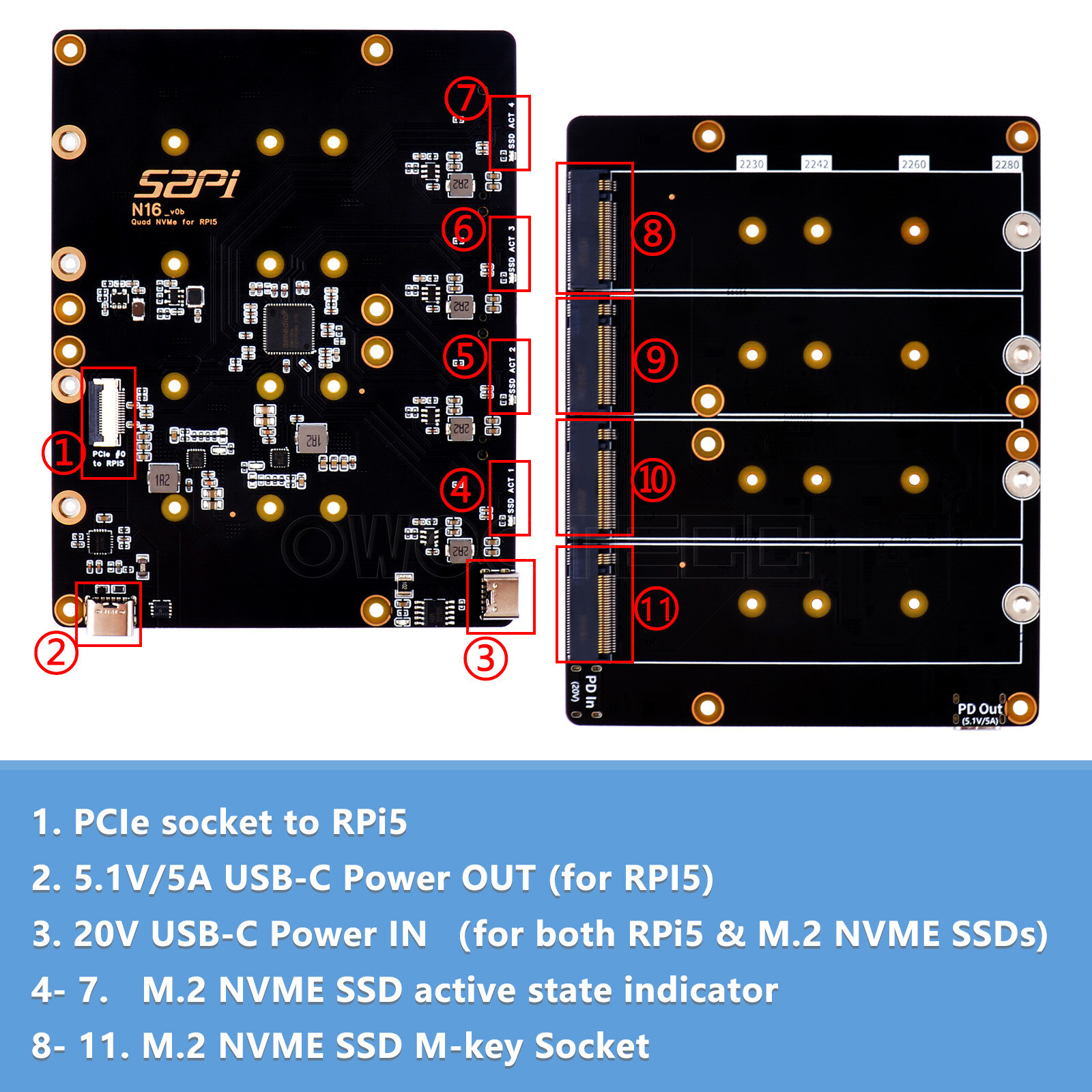 N16 Quad NVMe Expansion Adapter Board For Raspberry Pi 5