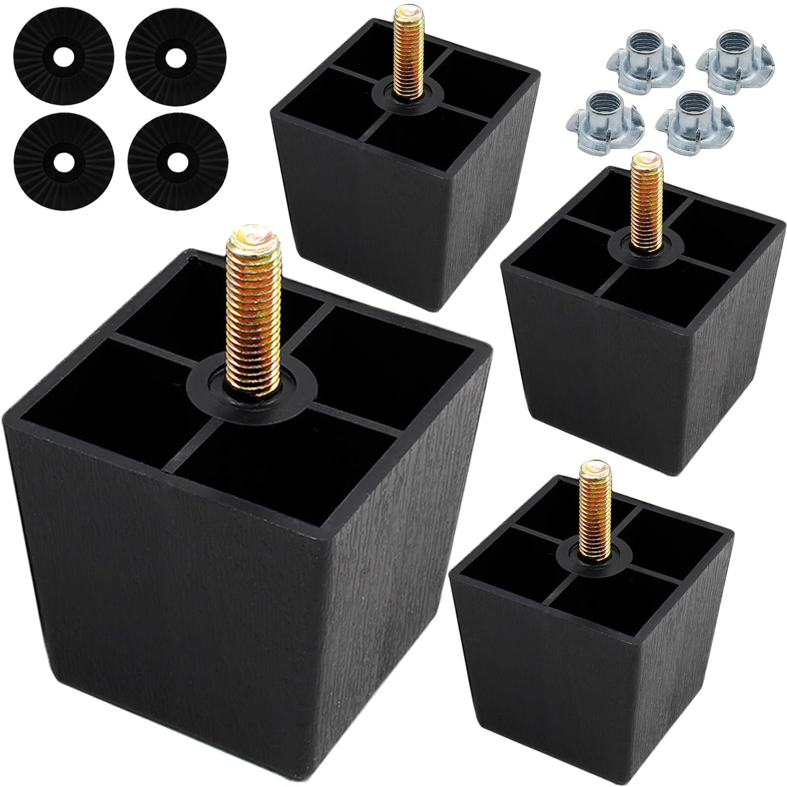 4Pcs 2 Inch Plastic Furniture Legs Square Sofa Legs Black Couch Legs M8 Threa...