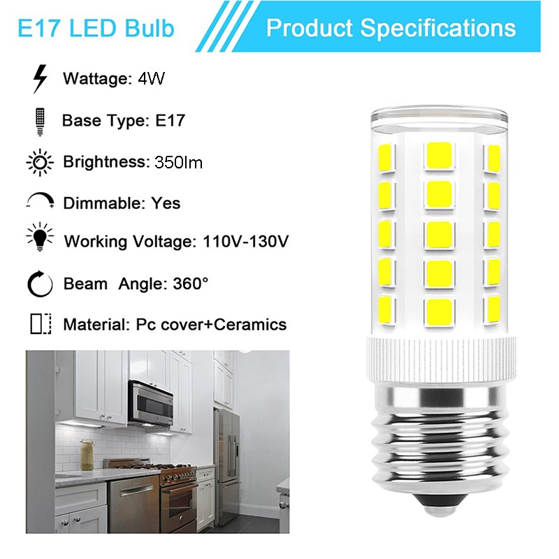 2Pcs E17 LED Bulb 4W Microwave Oven Light Dimmable Daylight White 6000K Light