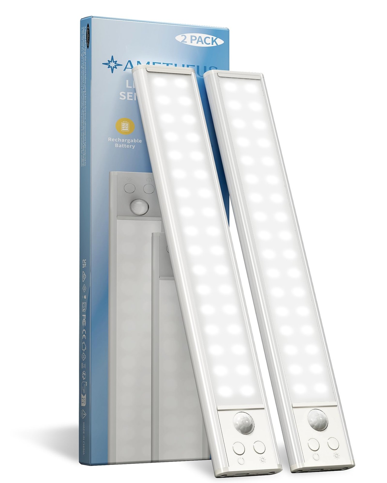 2 Pack 10 Inch Motion Sensor Under Cabinet Rechargeable LED Lights