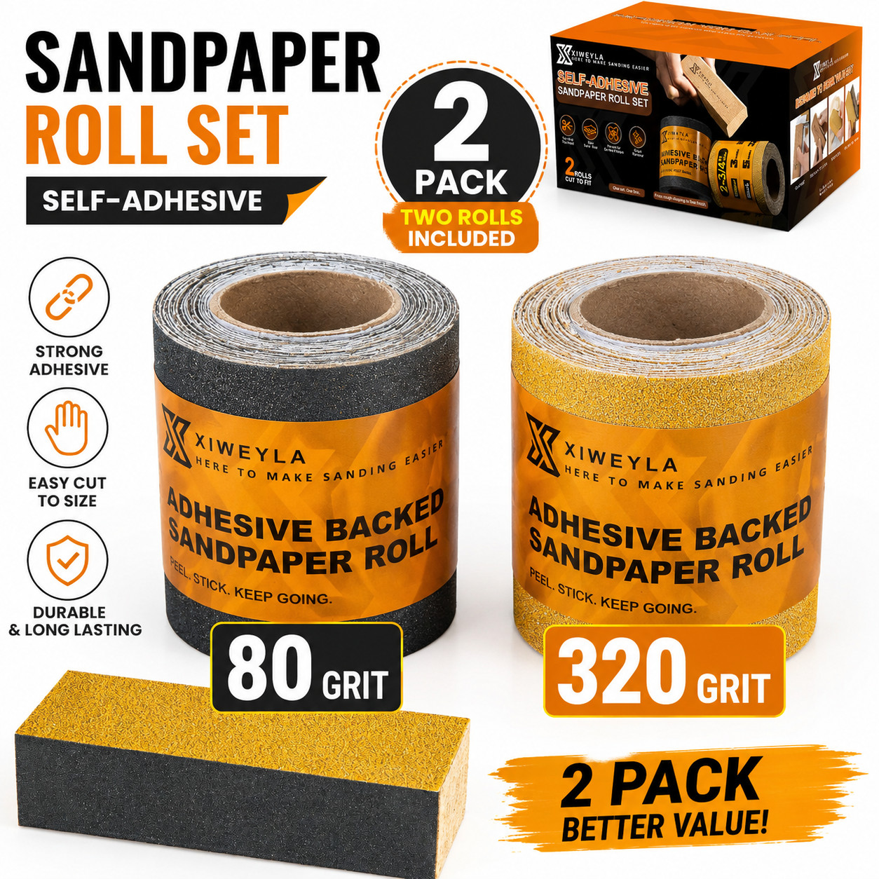 Sticky Back Sandpaper Roll 2-3/4" PSA 80/320 Grit Adhesive Sandpaper for Wood Fu