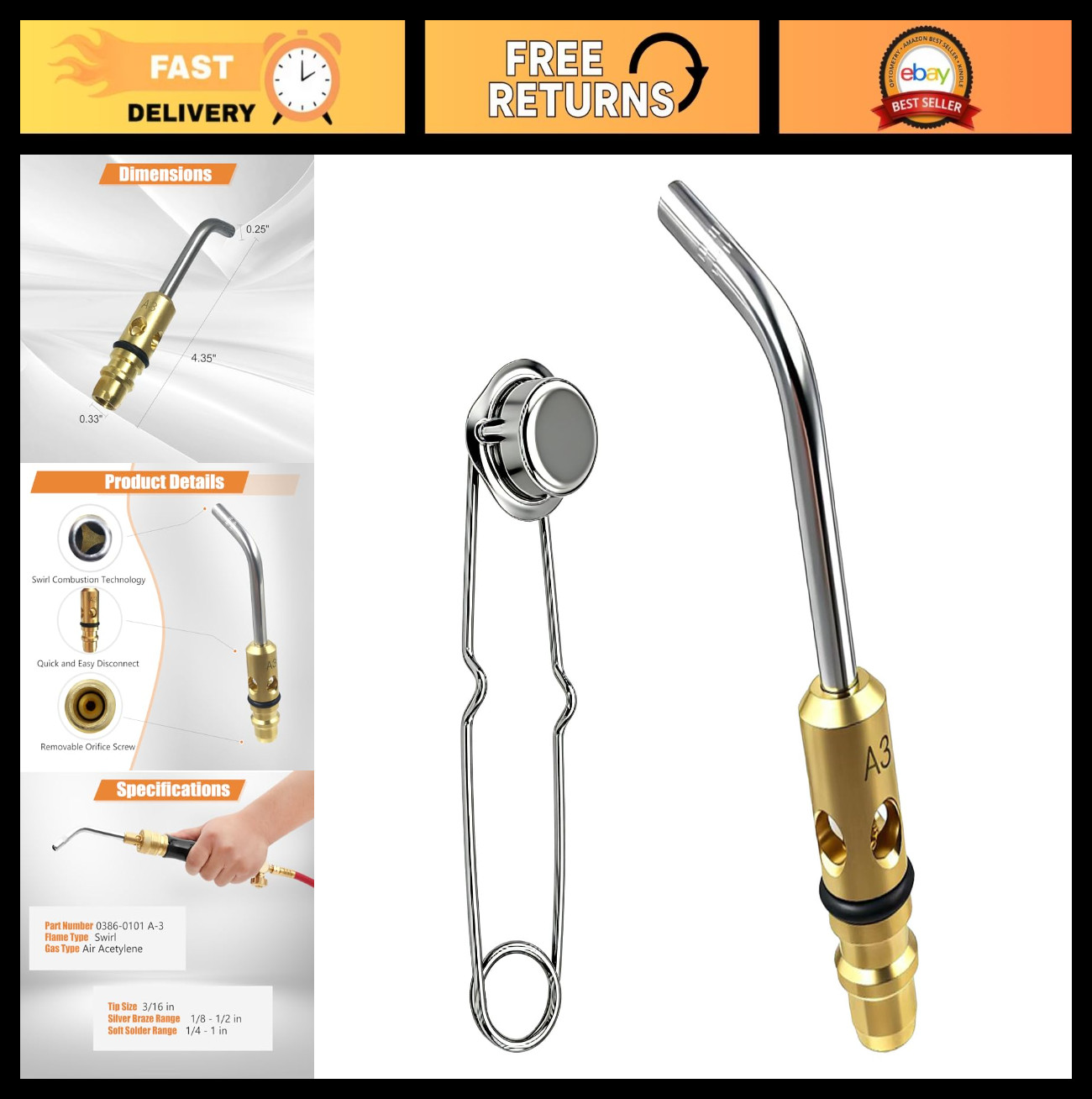 A-3 3/16" Air Acetylene Torch Tip for Soft Solder & Silver Braze, Quick Connect
