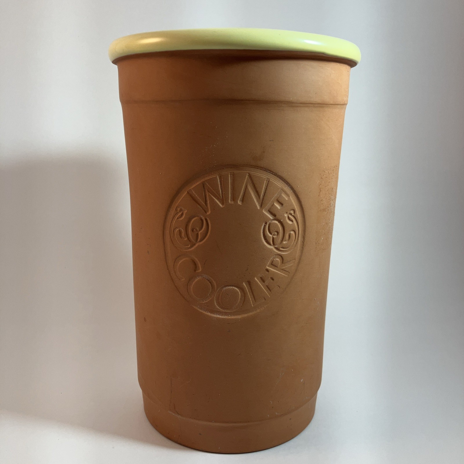 Casa Verde Terracotta Wine Cooler Vase Embossed Design Yellow Rim 7.75" Height