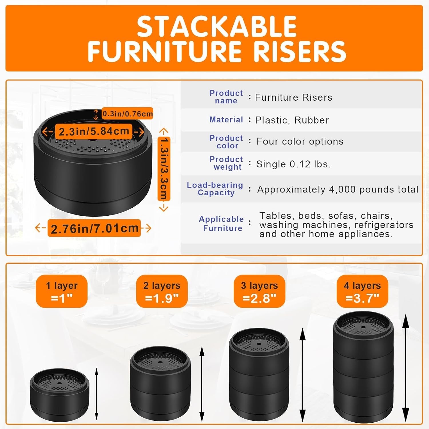 Versatile 4 Pack Furniture Risers - Adjustable Heights for Enhanced Comfort