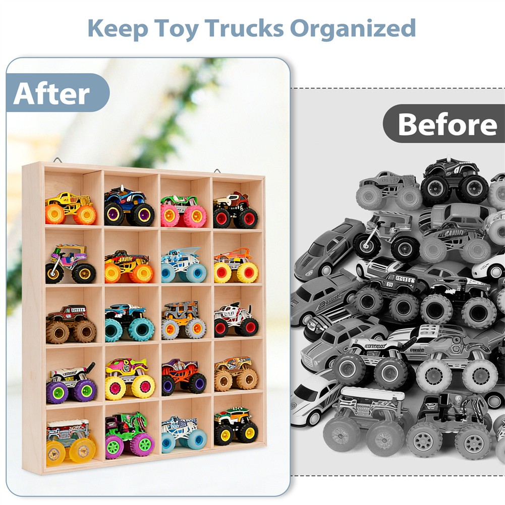 Wood Display Case 20-Slot Organizer for Monster Trucks Storage Wall-Mountable