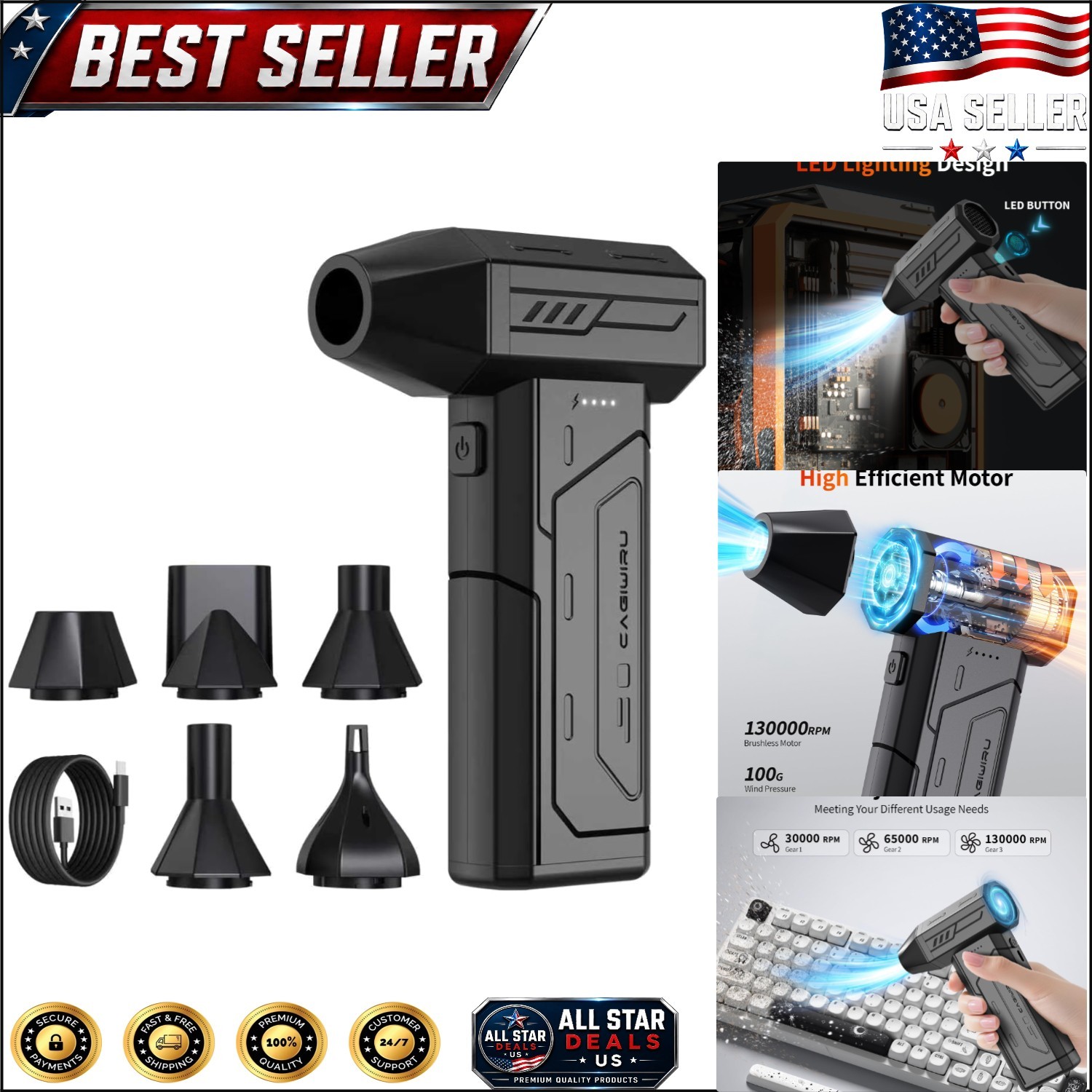 USB-C Rechargeable 130000RPM Air Duster with 5-  for Peace of Mind