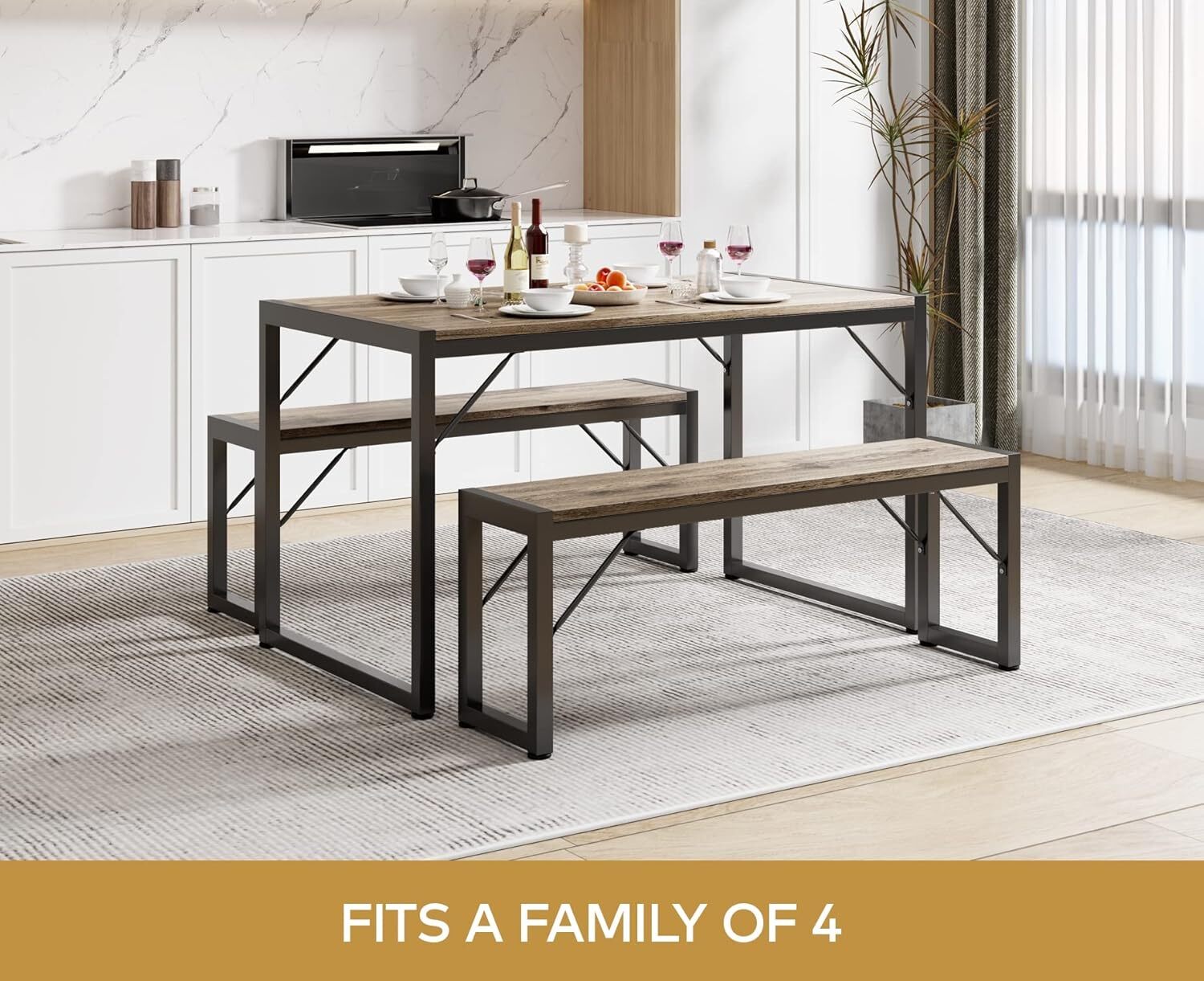 45.5" Dining Table Set for 4 with 2 Benches, Kitchen Table Set with Metal Frame