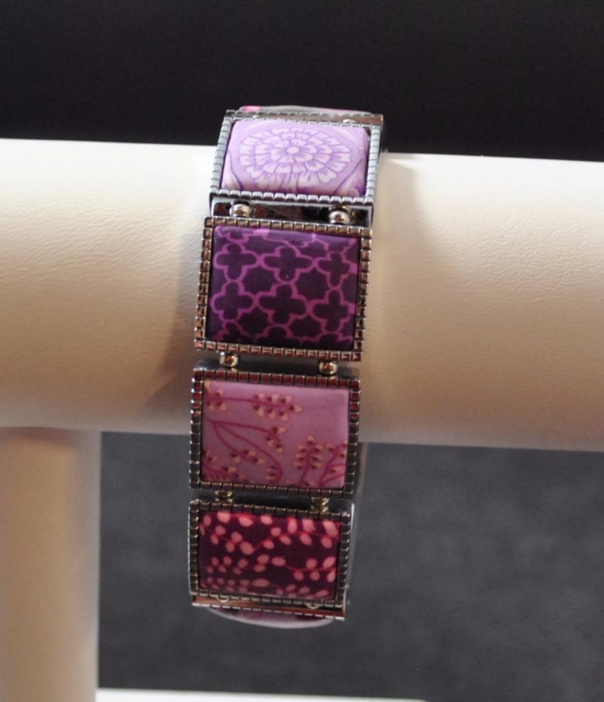 Jilzara Lilac Square Stretch Bracelet Polymer Inlay Clay Bead Handmade GD21