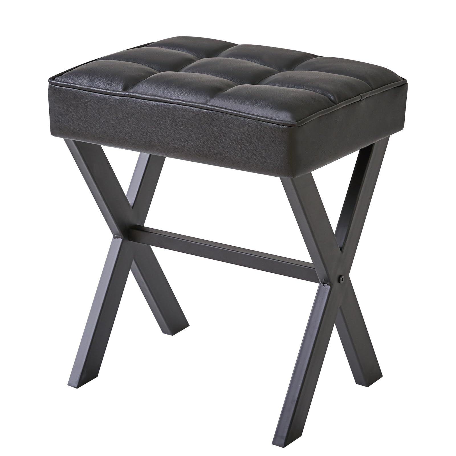 Square Makeup Stool with X-Leg Foot Rest, PU Footrest, Ottoman Seat Vanity St...