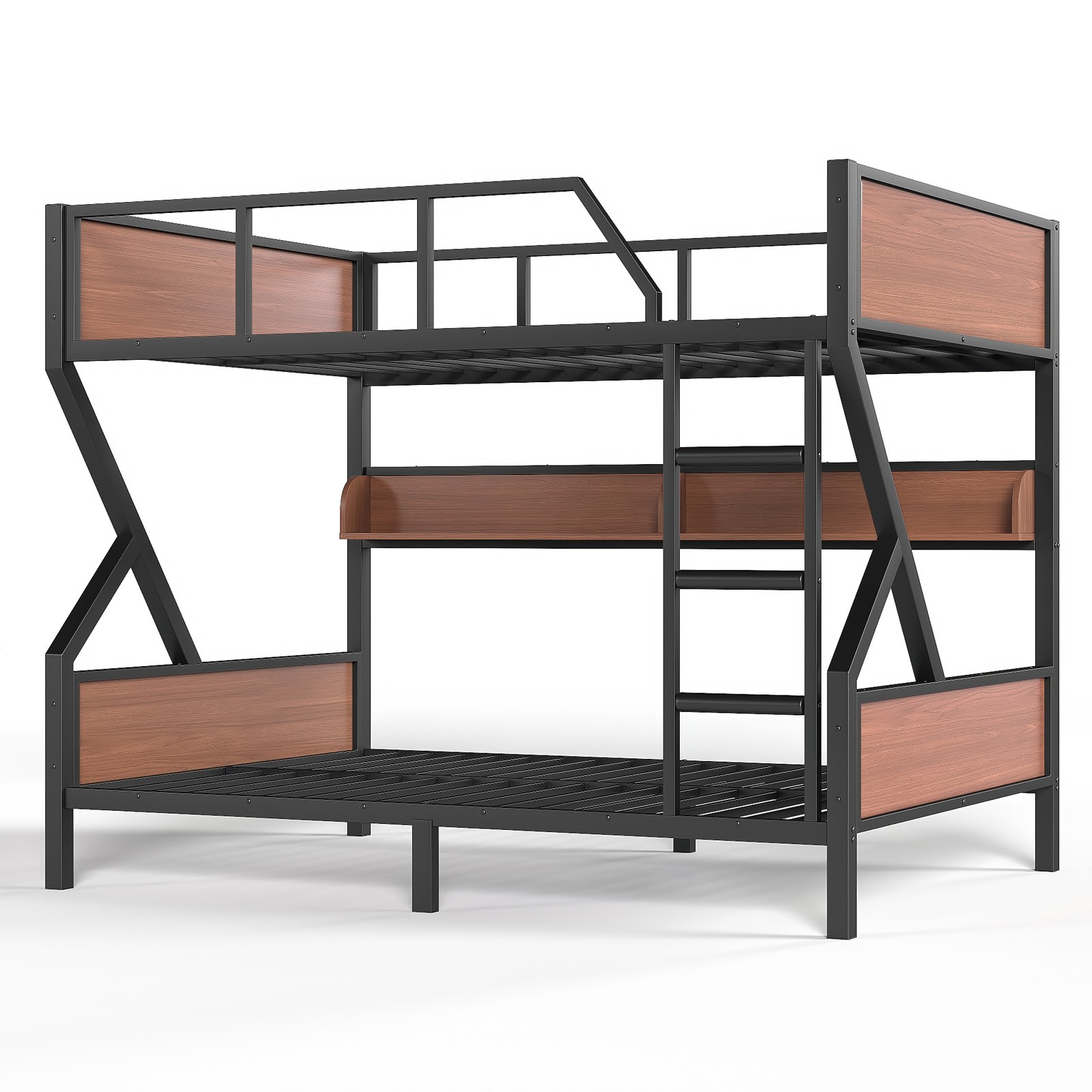Metal Full over Full Bunk Bed with Storage Shelves Lights Space-saving Black New