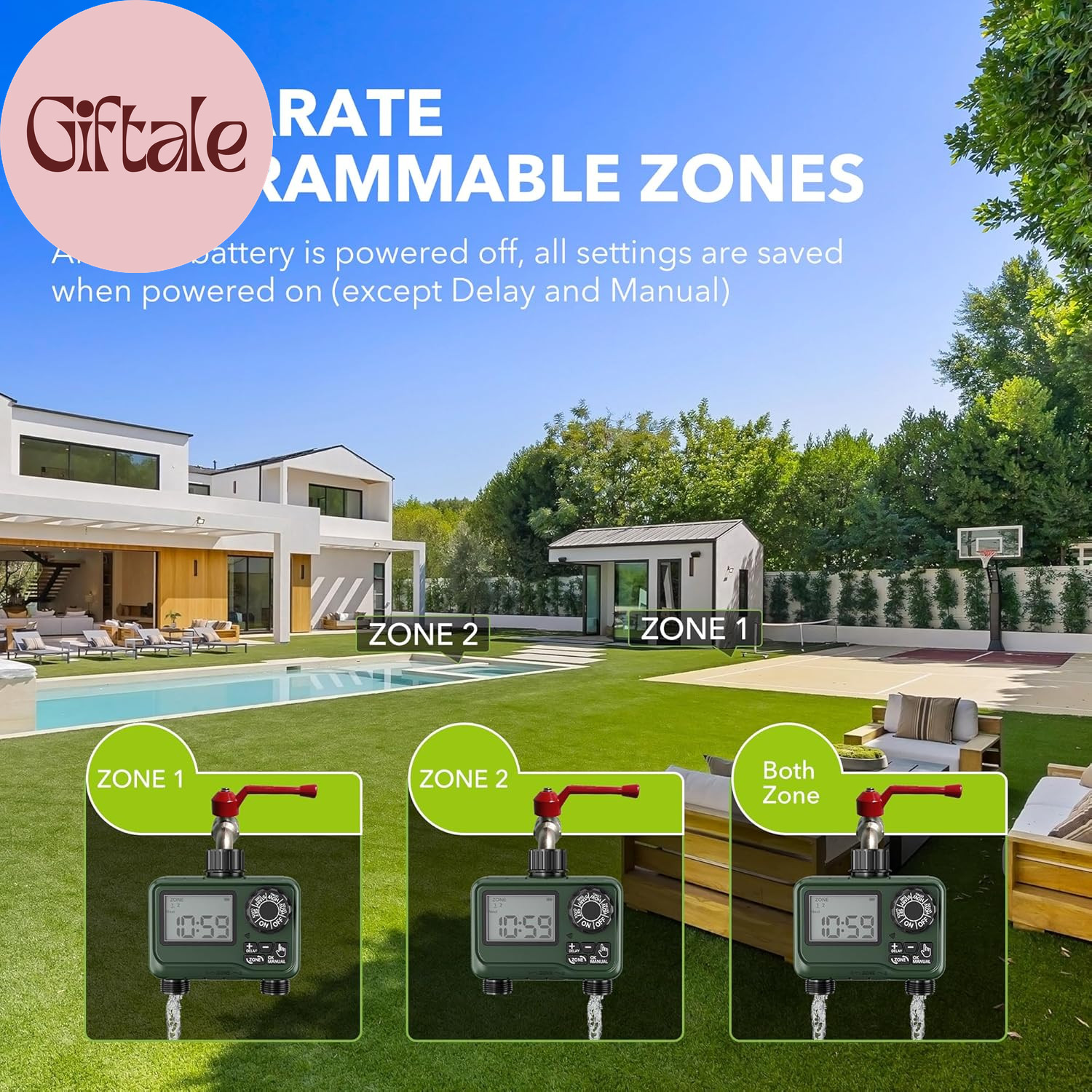 Sprinkler Timer Outdoor - 2 Zone Programmable Water Timer with Rain Delay, Autom