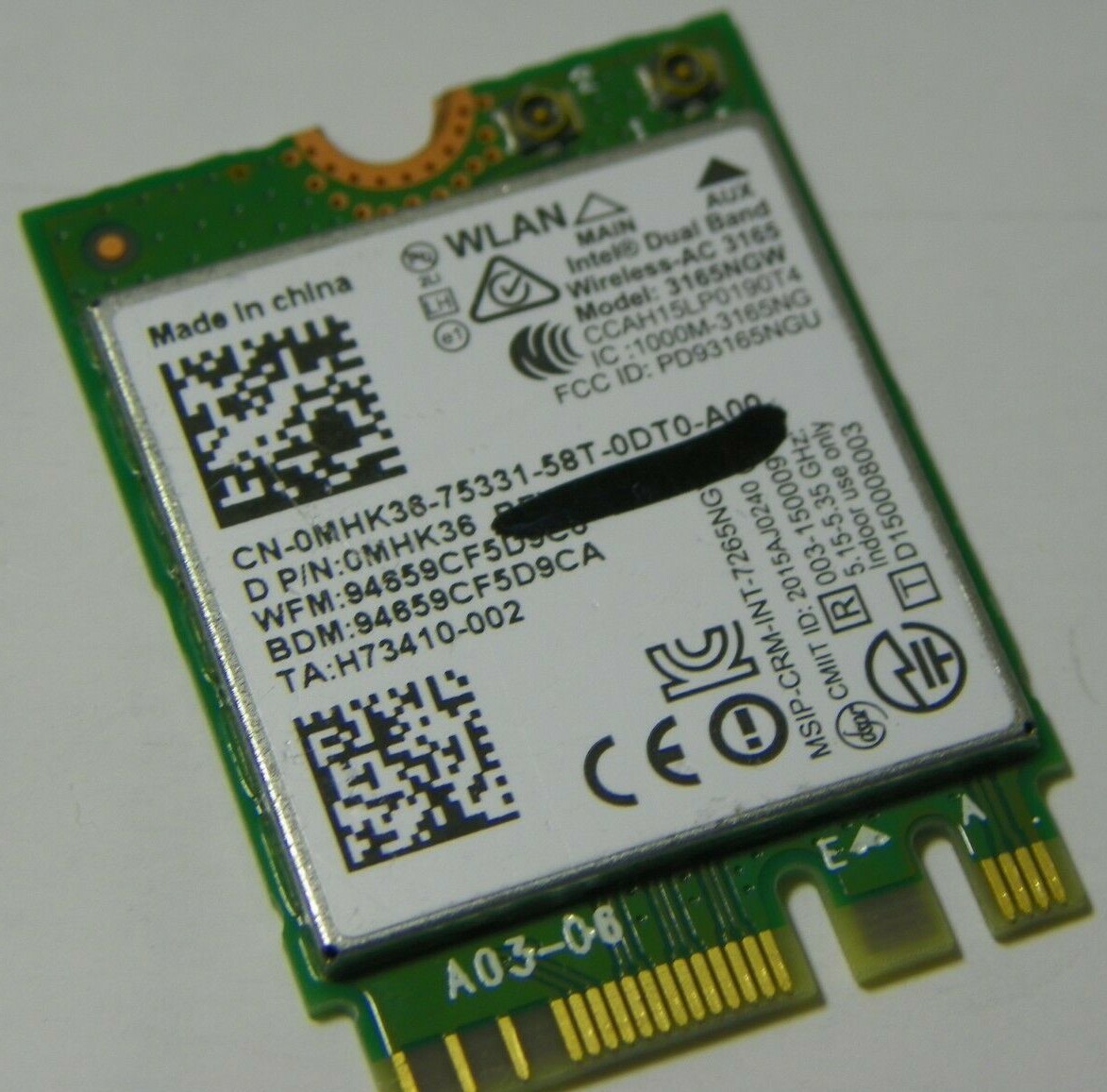 Dell OEM MHK36 Dual Band Wireless-AC 3165 3165NGW abgn+ac BT 4.2 PCIe NGFF